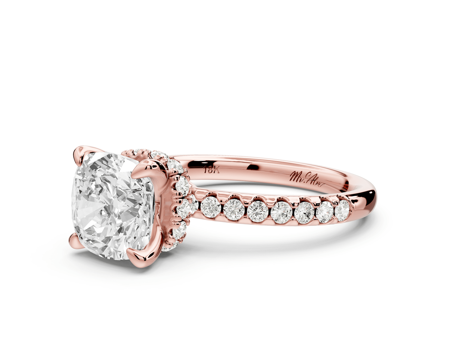 Arina - 2ct 14k rose gold cushion Diamond with a wrap around halo and pavé engagement ring - Mr. Alex Jewelry