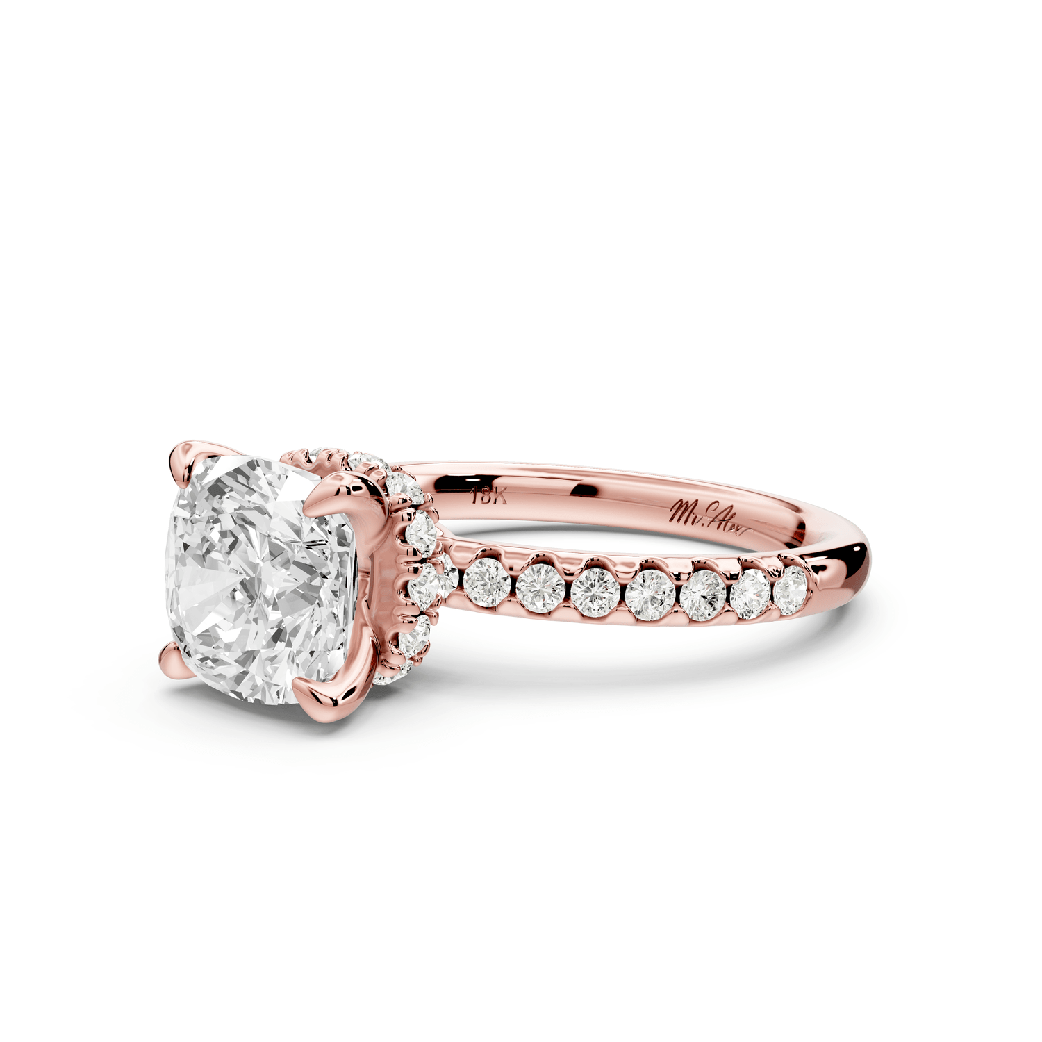Arina - 2ct 14k rose gold cushion Diamond with a wrap around halo and pavé engagement ring - Mr. Alex Jewelry