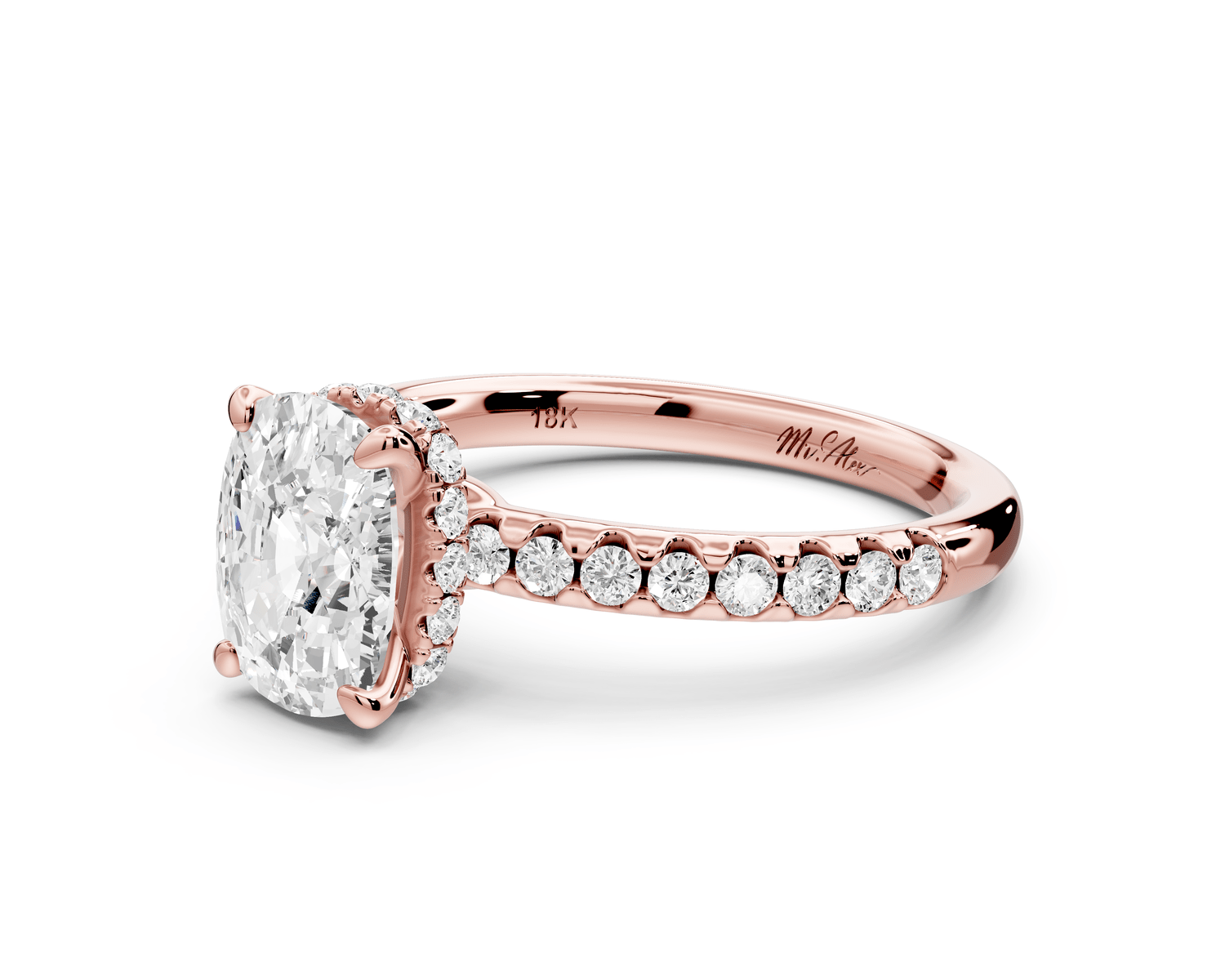 Arina - 2ct 14k rose gold ecushion Diamond with a wrap around halo and pavé engagement ring - Mr. Alex Jewelry