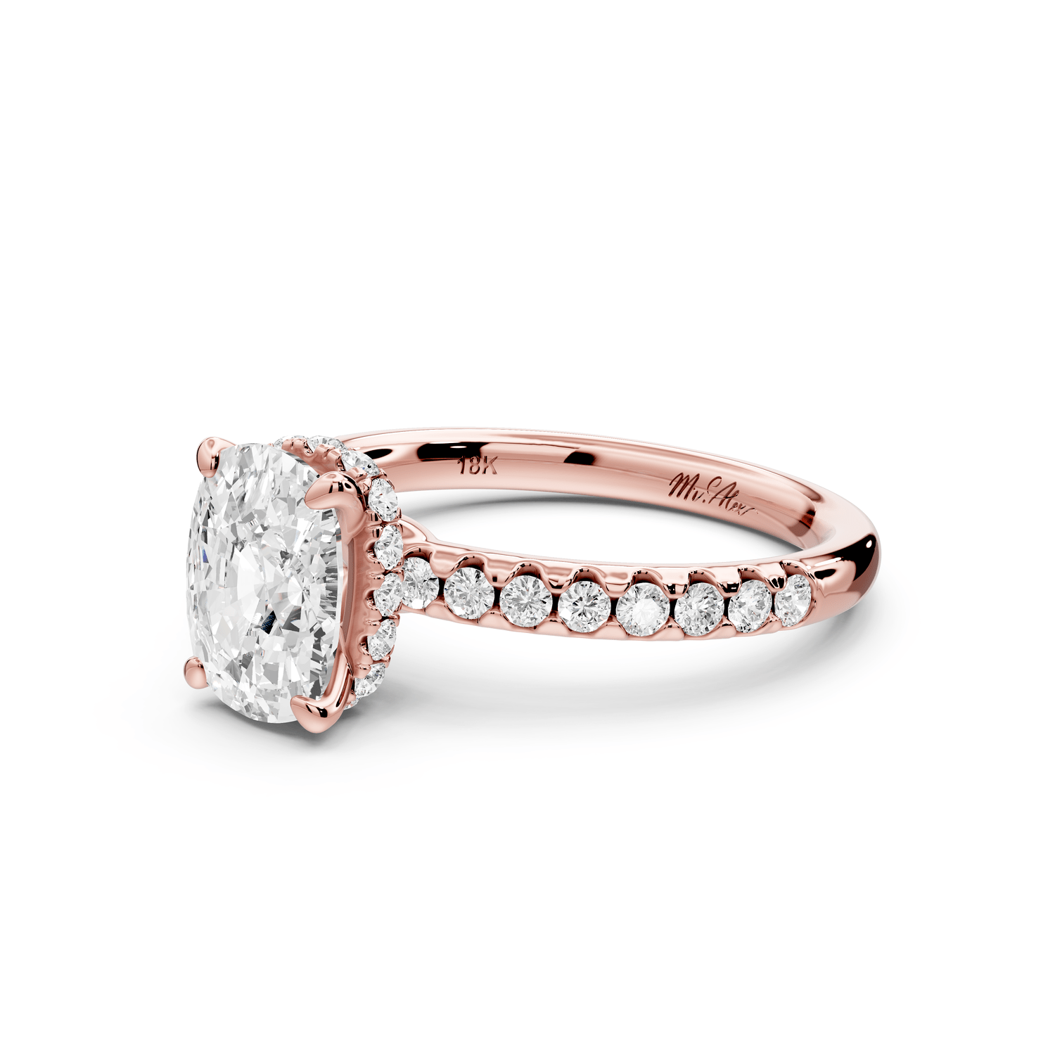 Arina - 2ct 14k rose gold ecushion Diamond with a wrap around halo and pavé engagement ring - Mr. Alex Jewelry