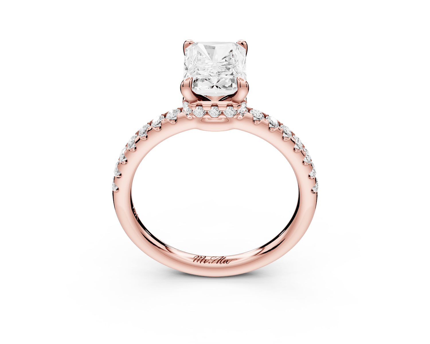 Arina - 2ct 14k rose gold radiant Diamond with a wrap around halo and pavé engagement ring - Mr. Alex Jewelry