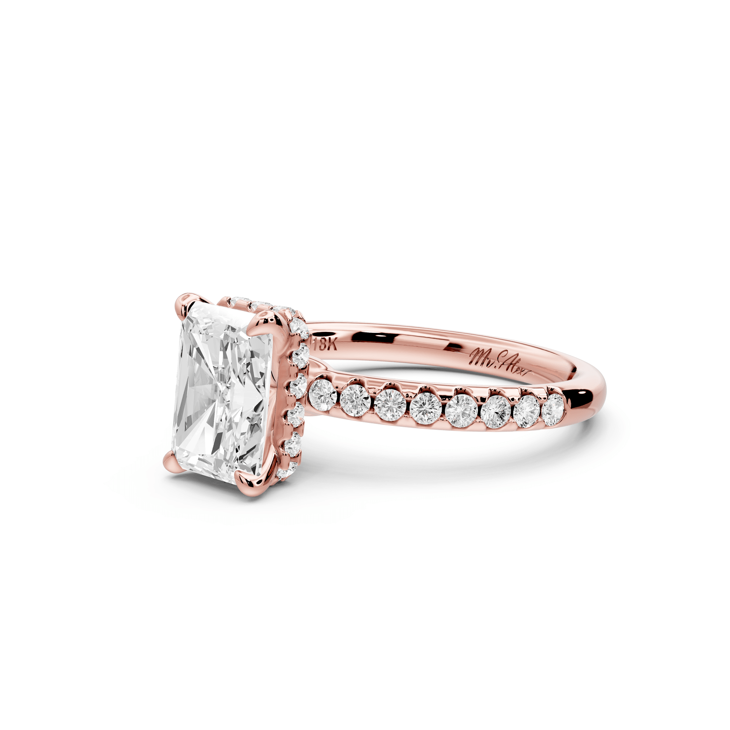 Arina - 2ct 14k rose gold radiant Diamond with a wrap around halo and pavé engagement ring - Mr. Alex Jewelry