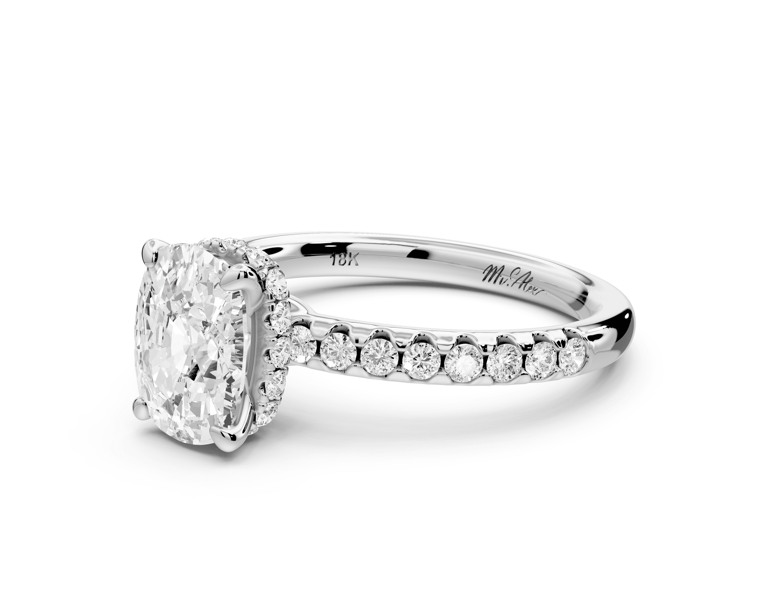 Arina - 2ct 14k white gold ecushion Diamond with a wrap around halo and pavé engagement ring - Mr. Alex Jewelry