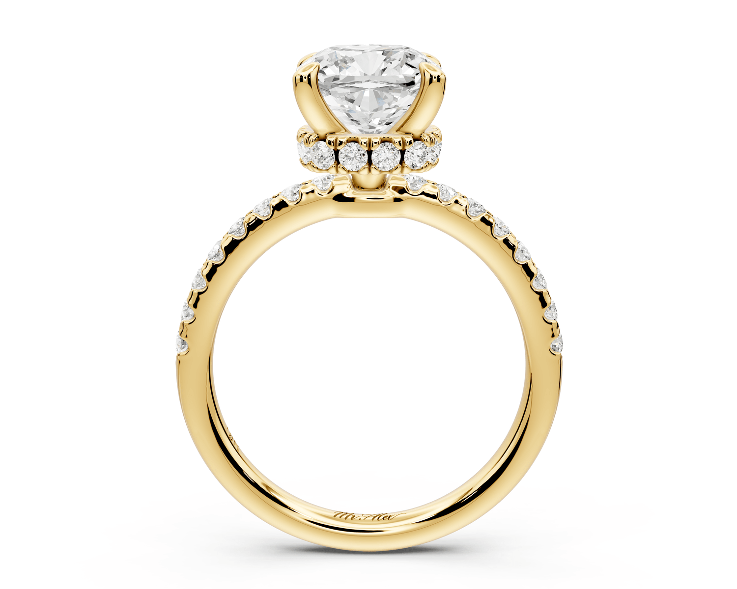 Arina - 2ct 14k yellow gold cushion Diamond with a wrap around halo and pavé engagement ring - Mr. Alex Jewelry
