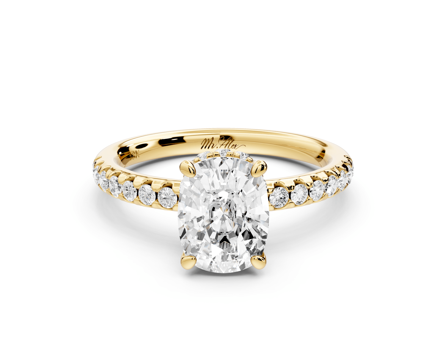 Arina - 2ct 14k yellow gold ecushion Diamond with a wrap around halo and pavé engagement ring - Mr. Alex Jewelry