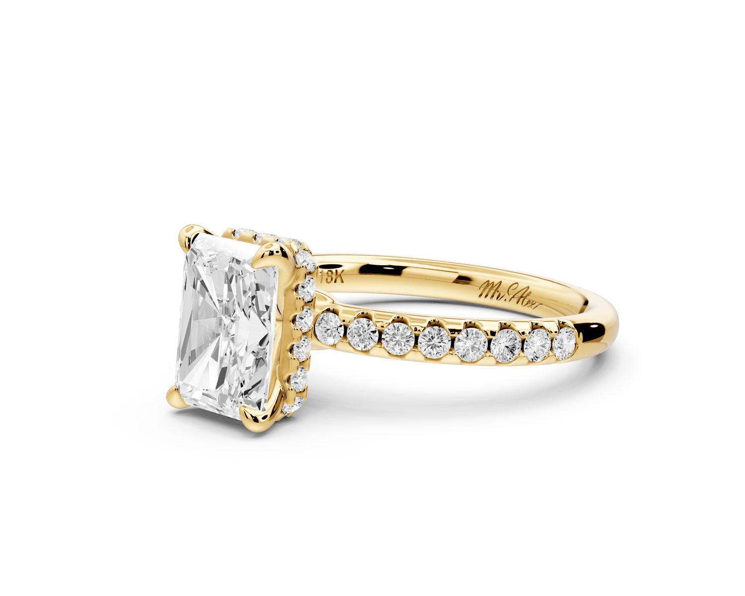 Arina - 2ct 14k yellow gold radiant Diamond with a wrap around halo and pavé engagement ring - Mr. Alex Jewelry