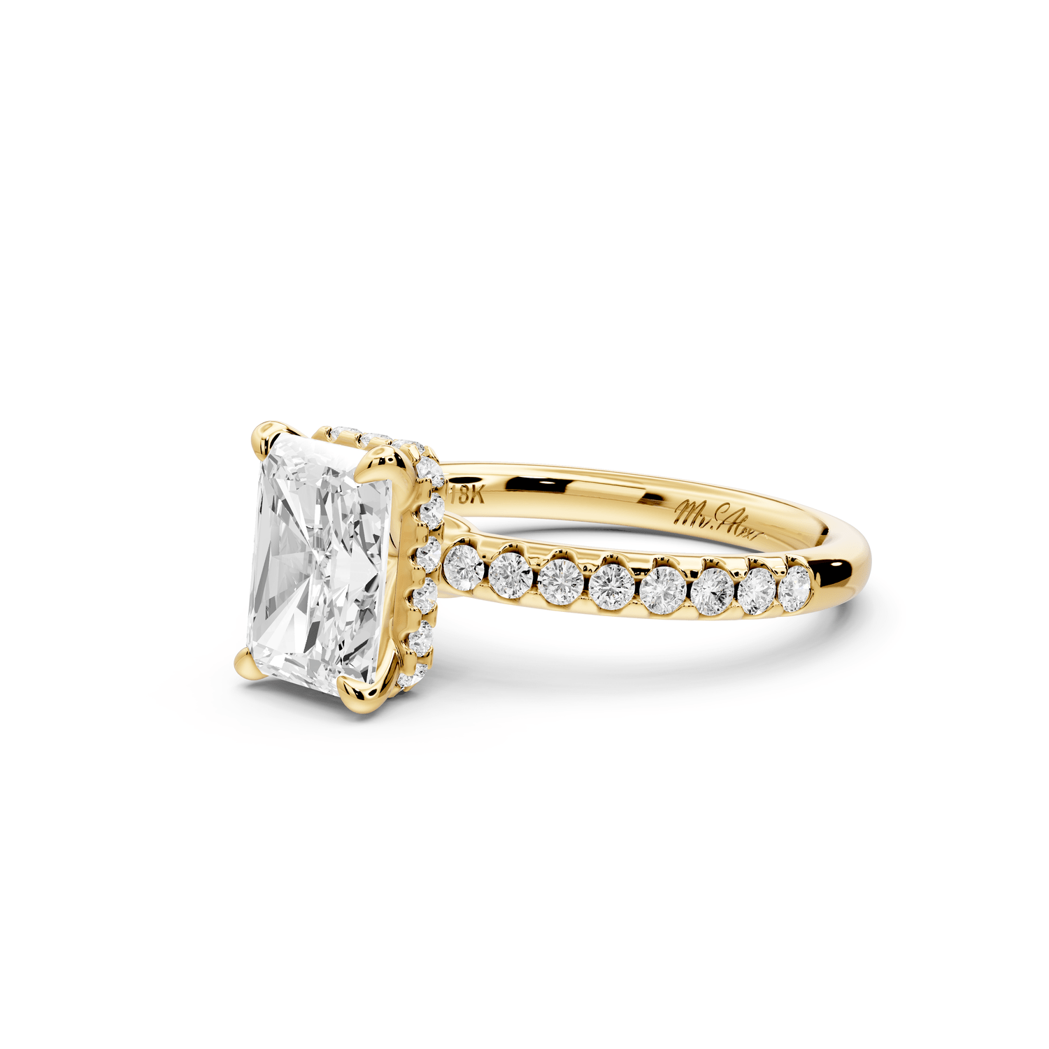 Arina - 2ct 14k yellow gold radiant Diamond with a wrap around halo and pavé engagement ring - Mr. Alex Jewelry