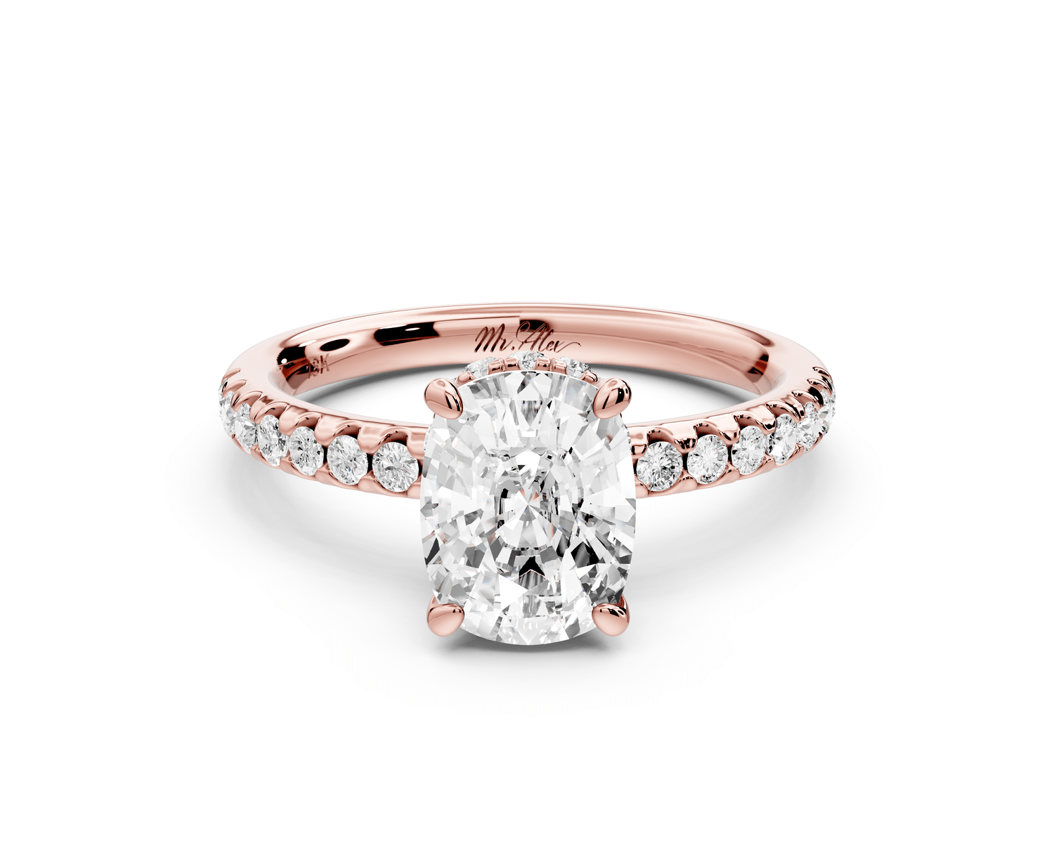 Arina - 2ct 18k rose gold ecushion Diamond with a wrap around halo and pavé engagement ring - Mr. Alex Jewelry