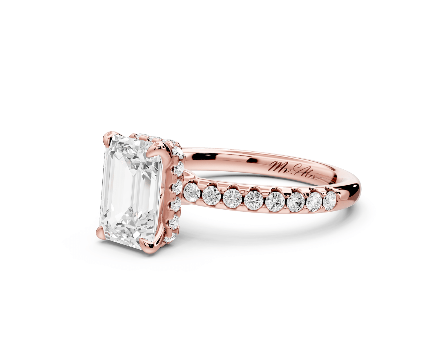 Arina - 2ct 18k rose gold emerald Diamond with a wrap around halo and pavé Engagement ring - Mr. Alex Jewelry