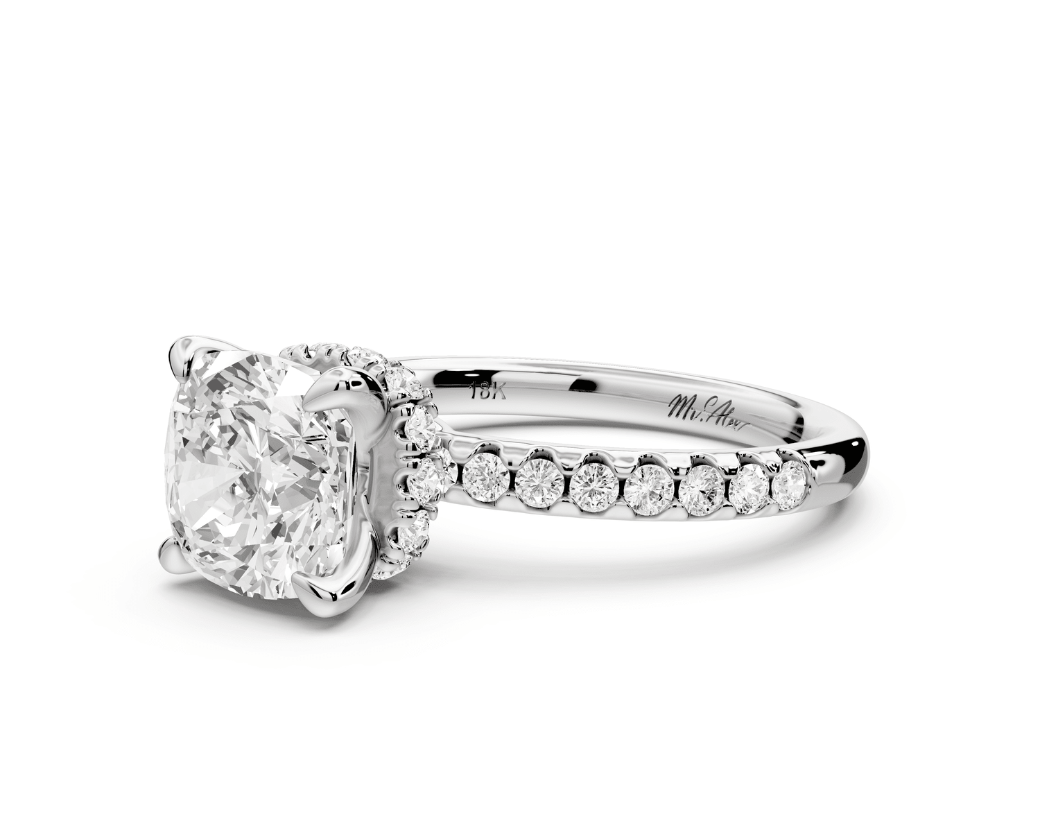 Arina - 2ct 18k white gold cushion Diamond with a wrap around halo and pavé engagement ring - Mr. Alex Jewelry
