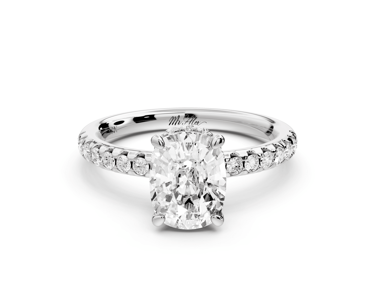 Arina - 2ct 18k white gold ecushion Diamond with a wrap around halo and pavé engagement ring - Mr. Alex Jewelry