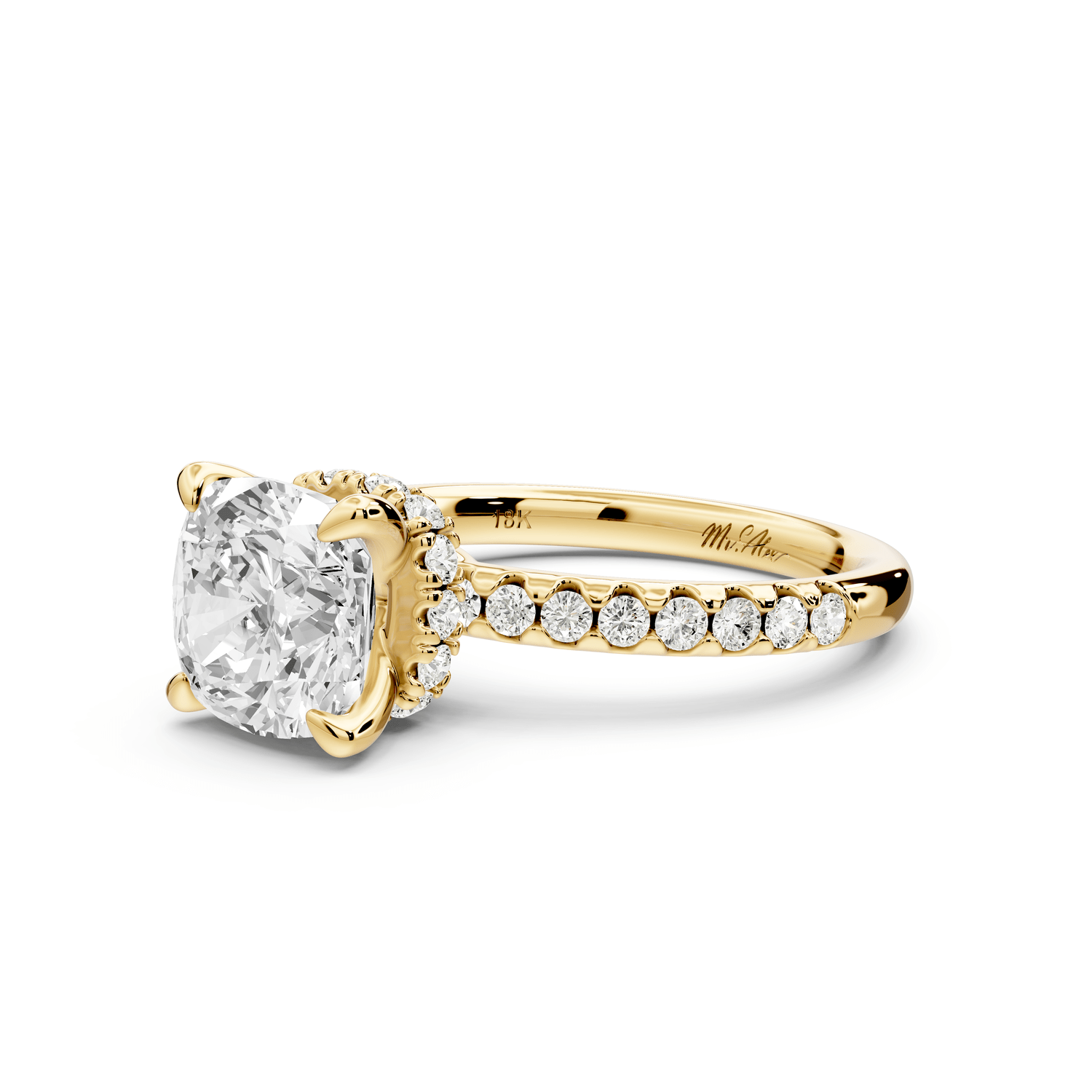 Arina - 2ct 18k yellow gold cushion Diamond with a wrap around halo and pavé engagement ring - Mr. Alex Jewelry