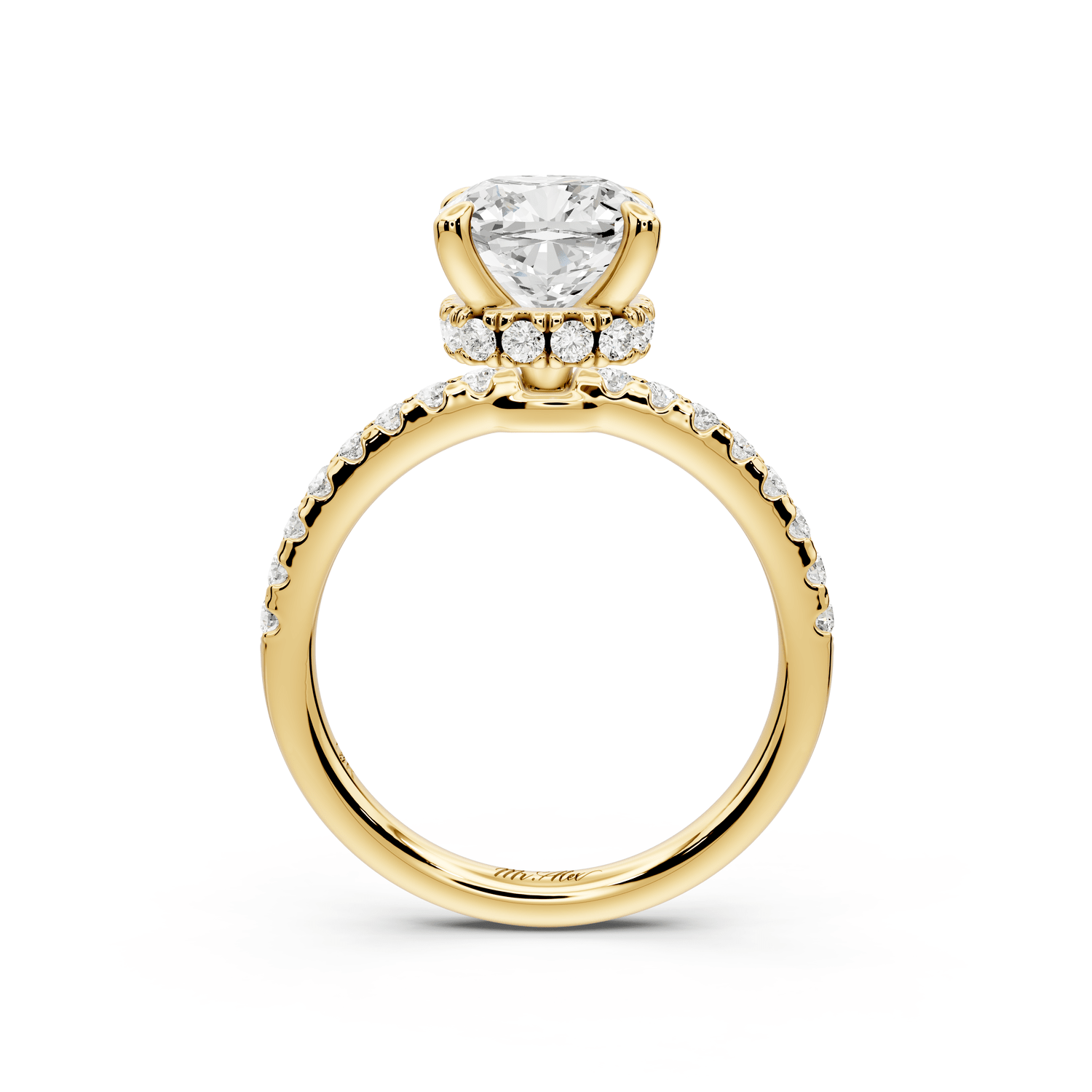 Arina - 2ct 18k yellow gold cushion Diamond with a wrap around halo and pavé engagement ring - Mr. Alex Jewelry