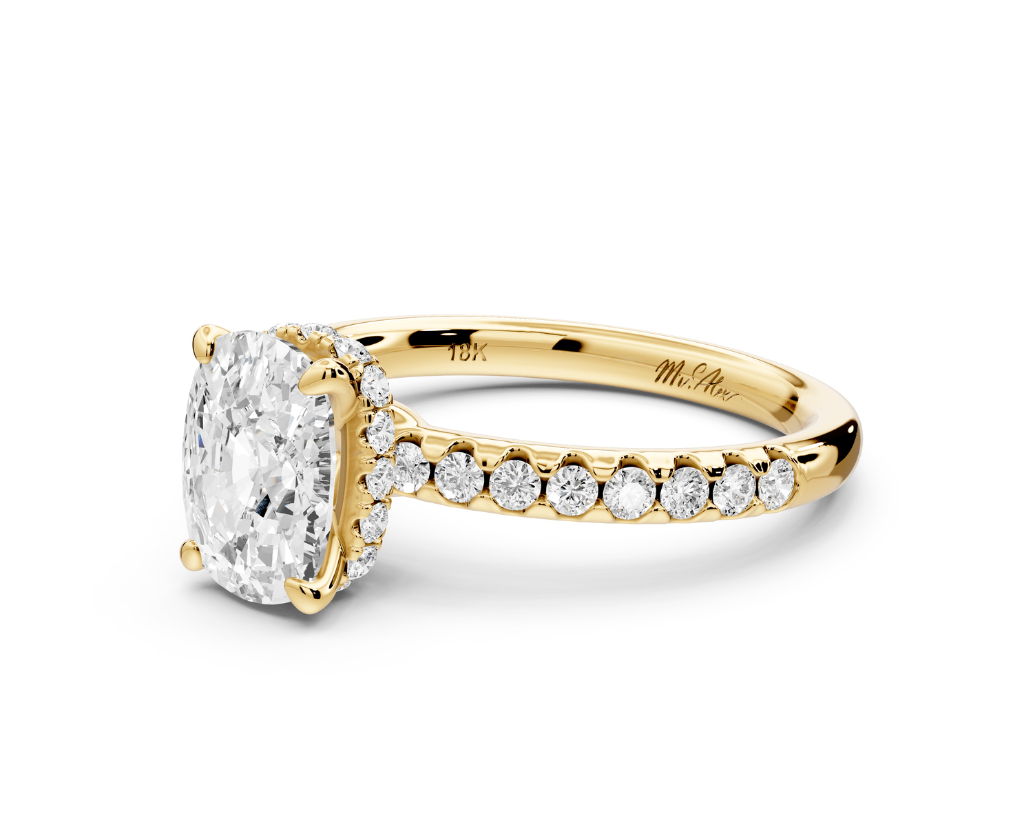 Arina - 2ct 18k yellow gold ecushion Diamond with a wrap around halo and pavé engagement ring - Mr. Alex Jewelry