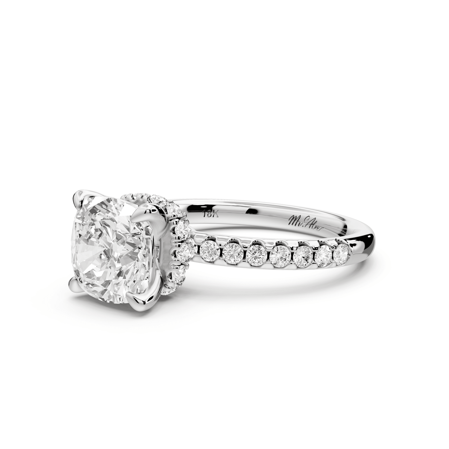Arina - 2ct platinum cushion Diamond with a wrap around halo and pavé engagement ring - Mr. Alex Jewelry