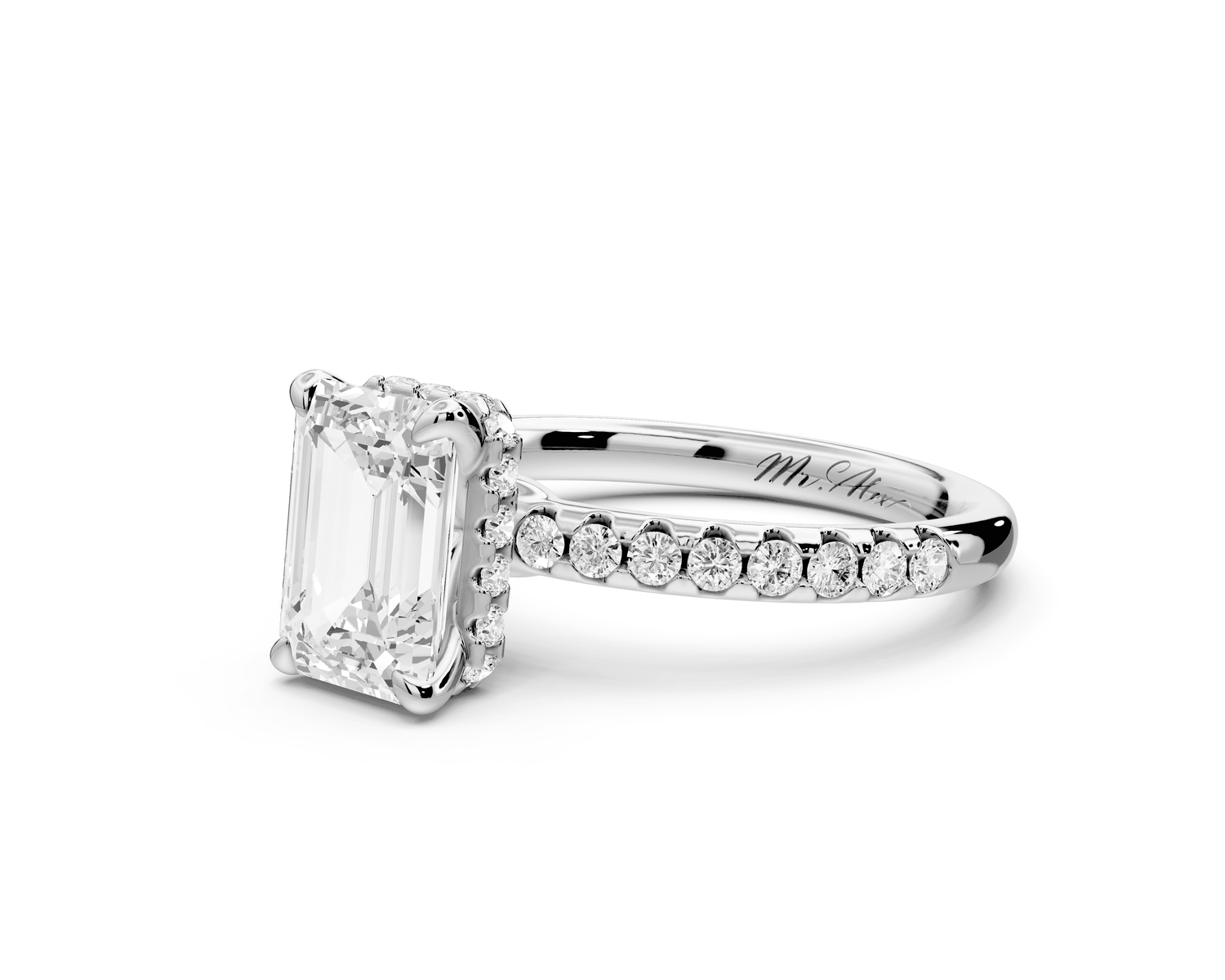 Arina - 2ct platinum emerald Diamond with a wrap around halo and pavé Engagement ring - Mr. Alex Jewelry