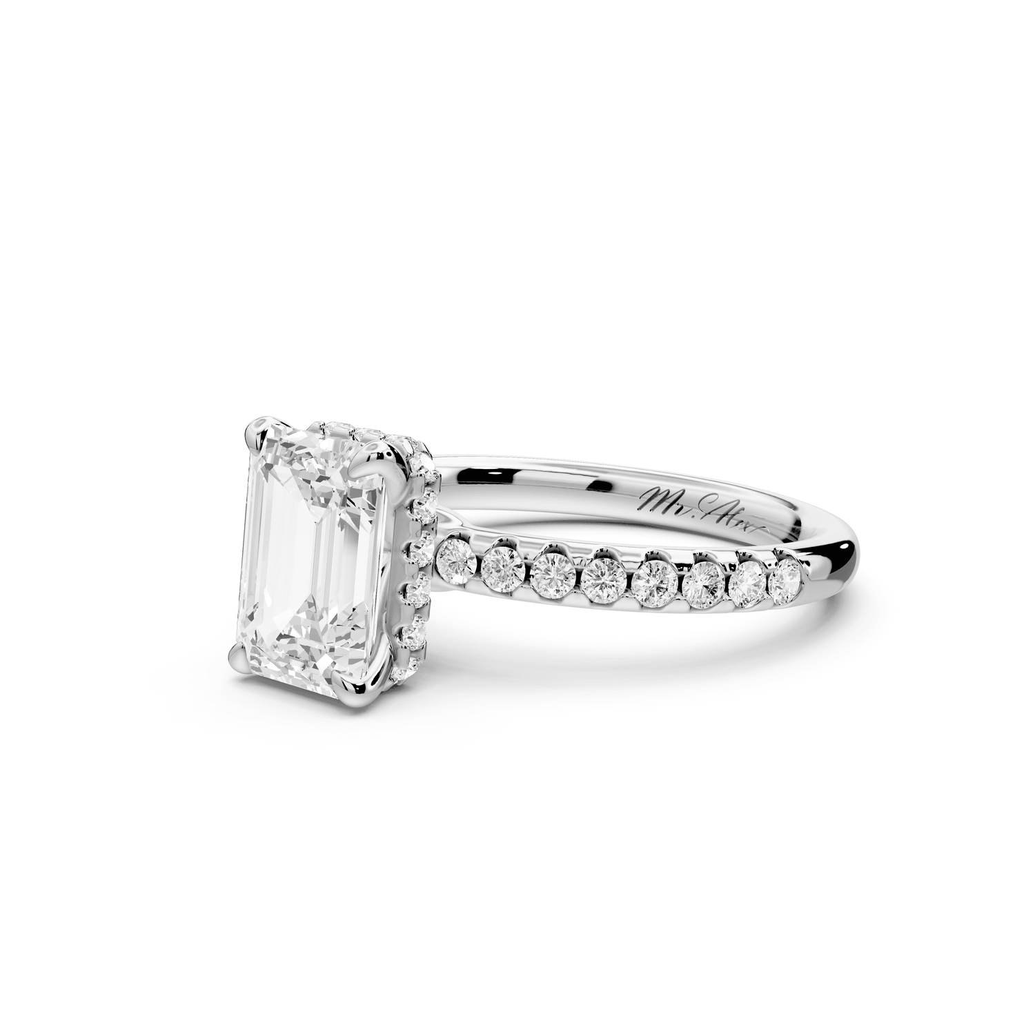 Arina - 2ct platinum emerald Diamond with a wrap around halo and pavé Engagement ring - Mr. Alex Jewelry