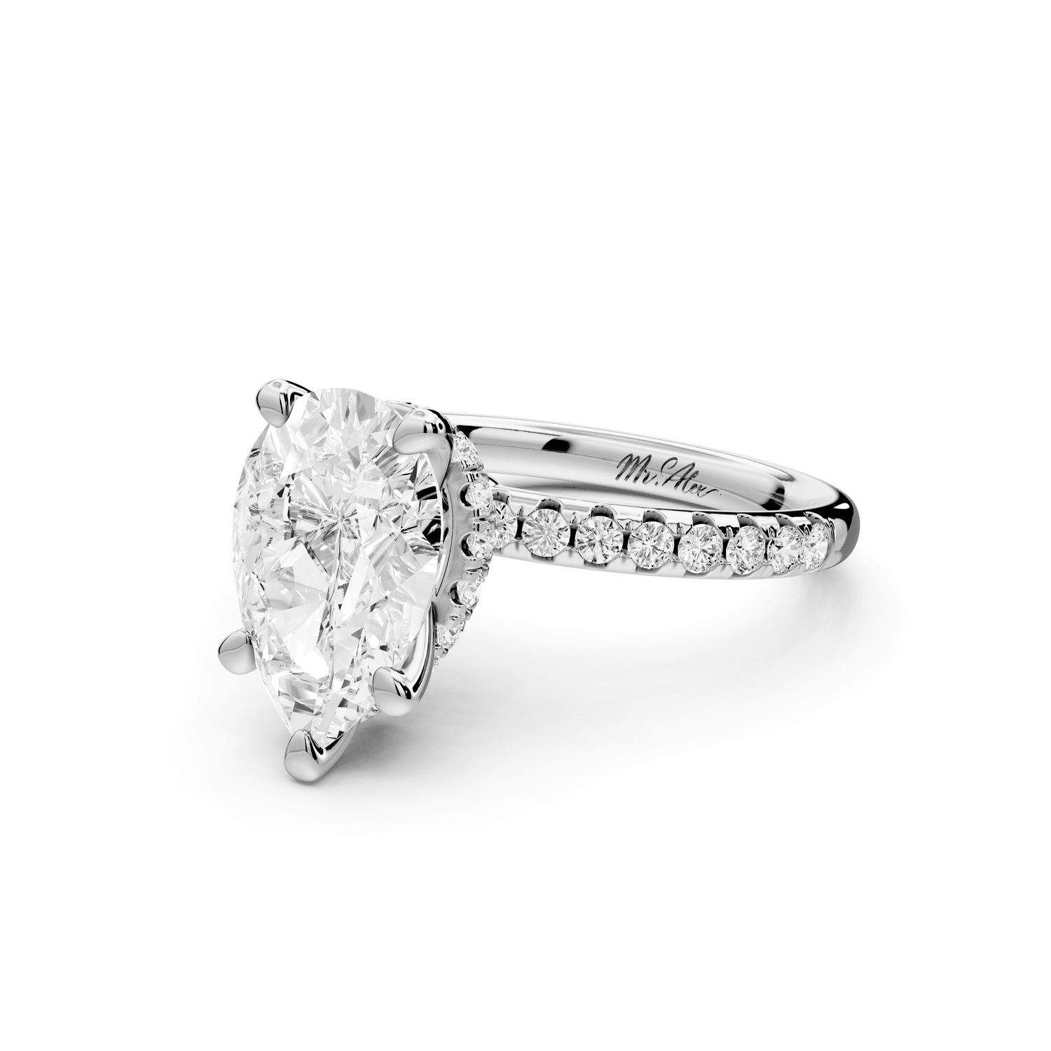 Arina - 2ct platinum pear Diamond with a wrap around halo and pavé Engagement ring - Mr. Alex Jewelry