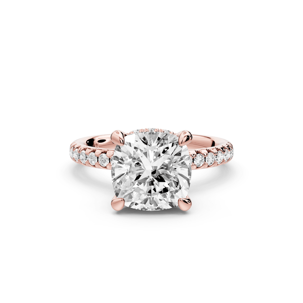 Arina - 3ct 14k rose gold cushion Diamond with a wrap around halo and pavé engagement ring - Mr. Alex Jewelry