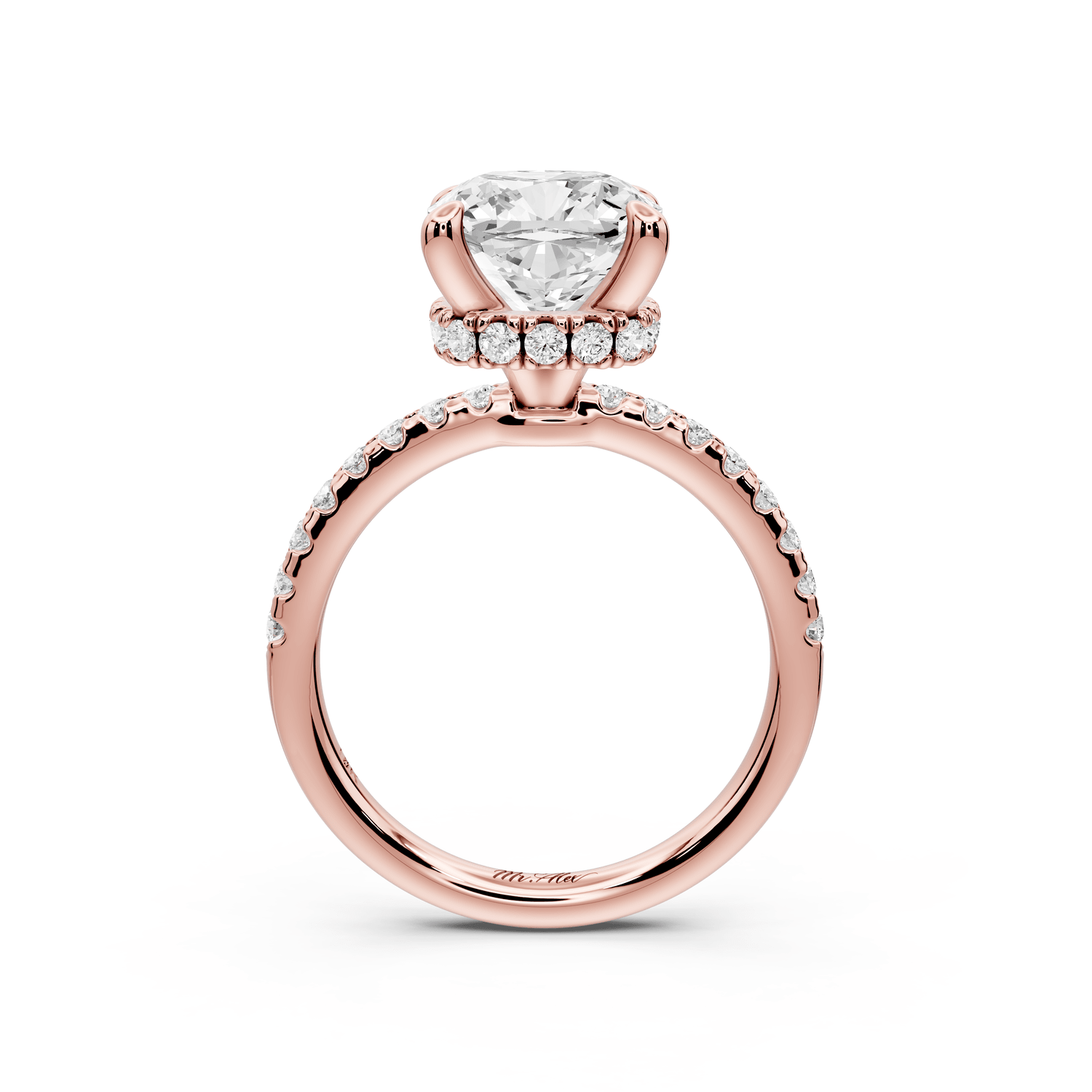 Arina - 3ct 14k rose gold cushion Diamond with a wrap around halo and pavé engagement ring - Mr. Alex Jewelry