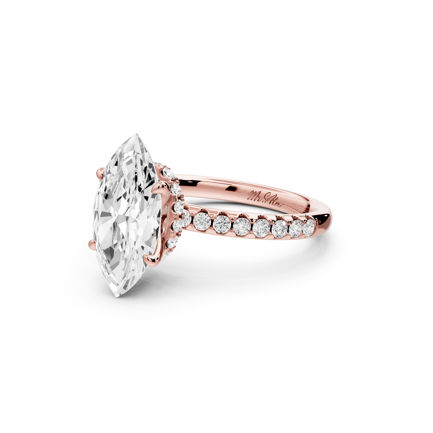 Arina - 3ct 14k rose gold marquise Diamond with a wrap around halo and pavé engagement ring - Mr. Alex Jewelry