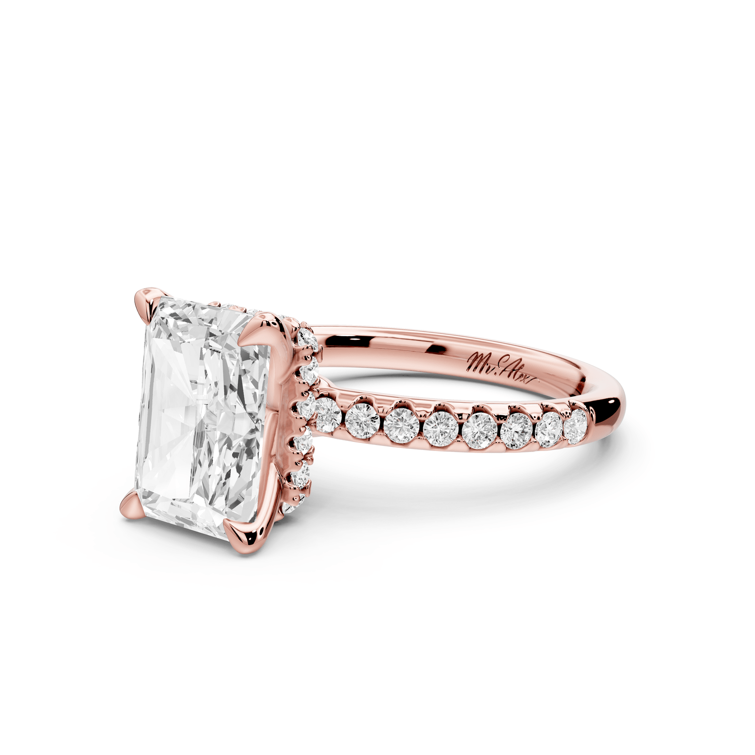 Arina - 3ct 14k rose gold radiant Diamond with a wrap around halo and pavé engagement ring - Mr. Alex Jewelry