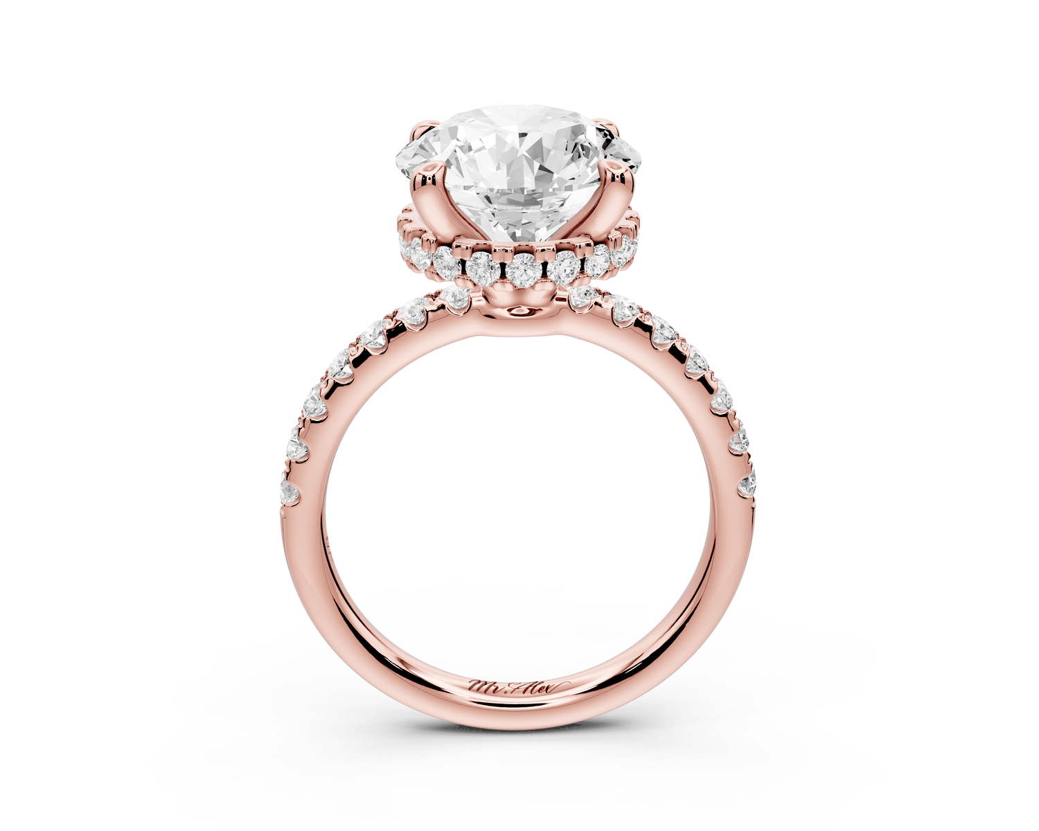 Arina - 3ct 14k rose gold round Diamond with a wrap around halo and pavé engagment ring - Mr. Alex Jewelry