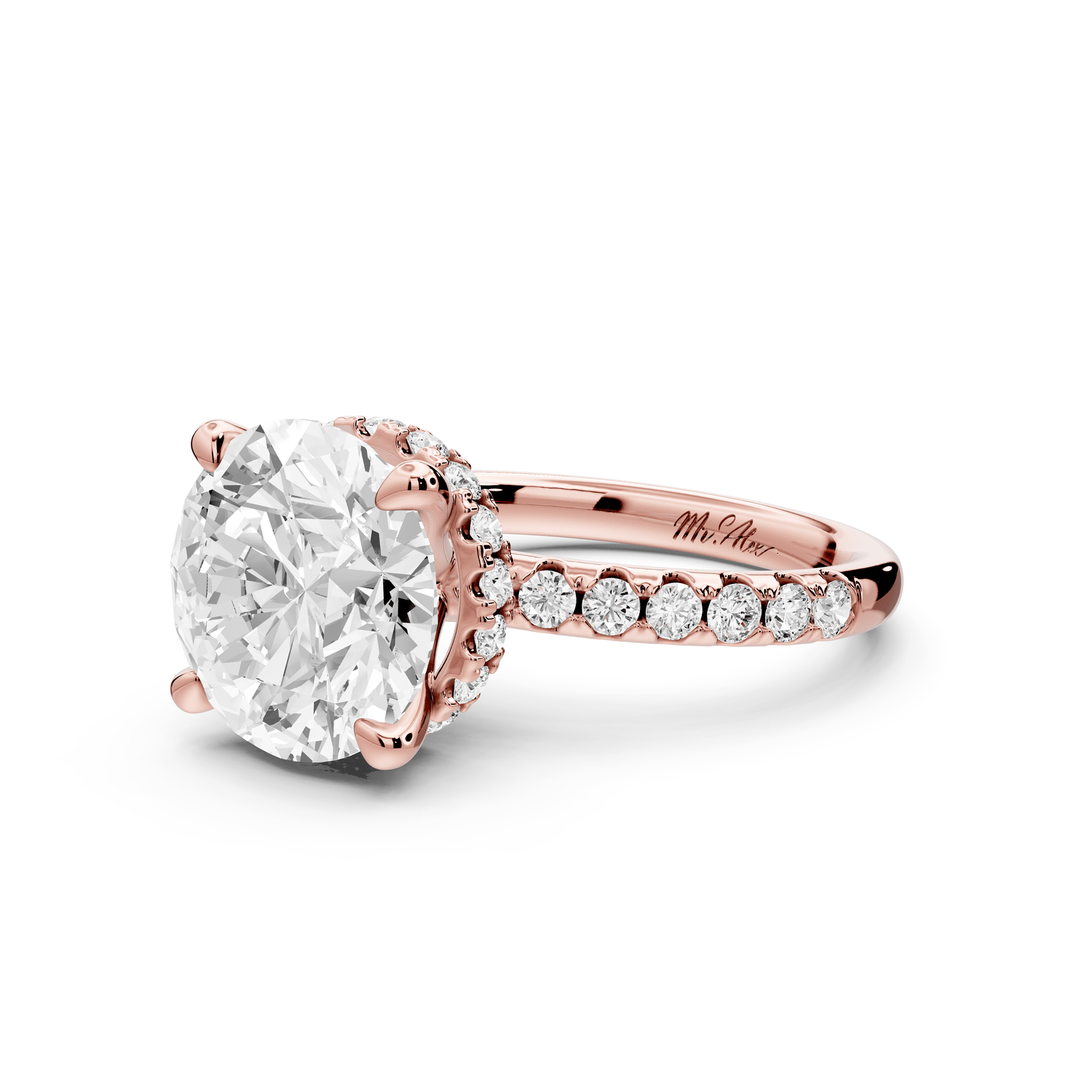 Arina - 3ct 14k rose gold round Diamond with a wrap around halo and pavé engagment ring - Mr. Alex Jewelry