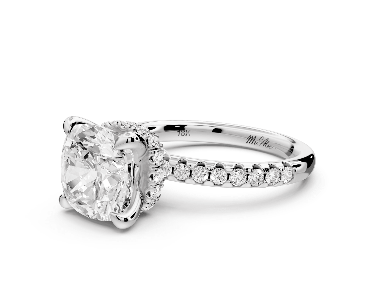 Arina - 3ct 14k white gold cushion Diamond with a wrap around halo and pavé engagement ring - Mr. Alex Jewelry