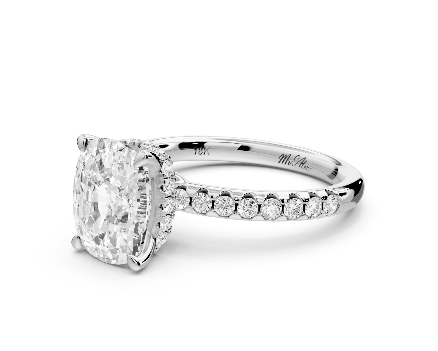 Arina - 3ct 14k white gold ecushion Diamond with a wrap around halo and pavé engagement ring - Mr. Alex Jewelry