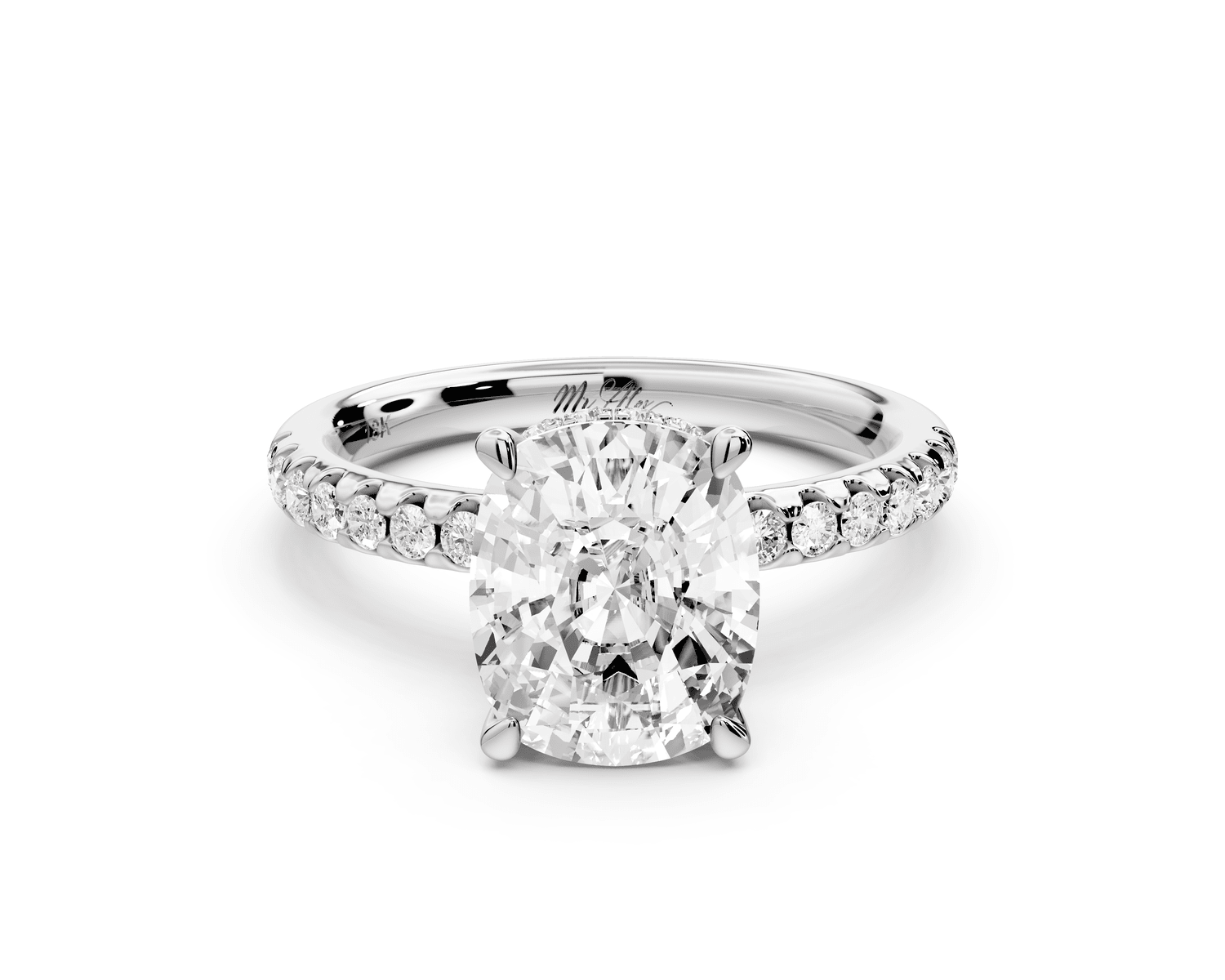 Arina - 3ct 14k white gold ecushion Diamond with a wrap around halo and pavé engagement ring - Mr. Alex Jewelry