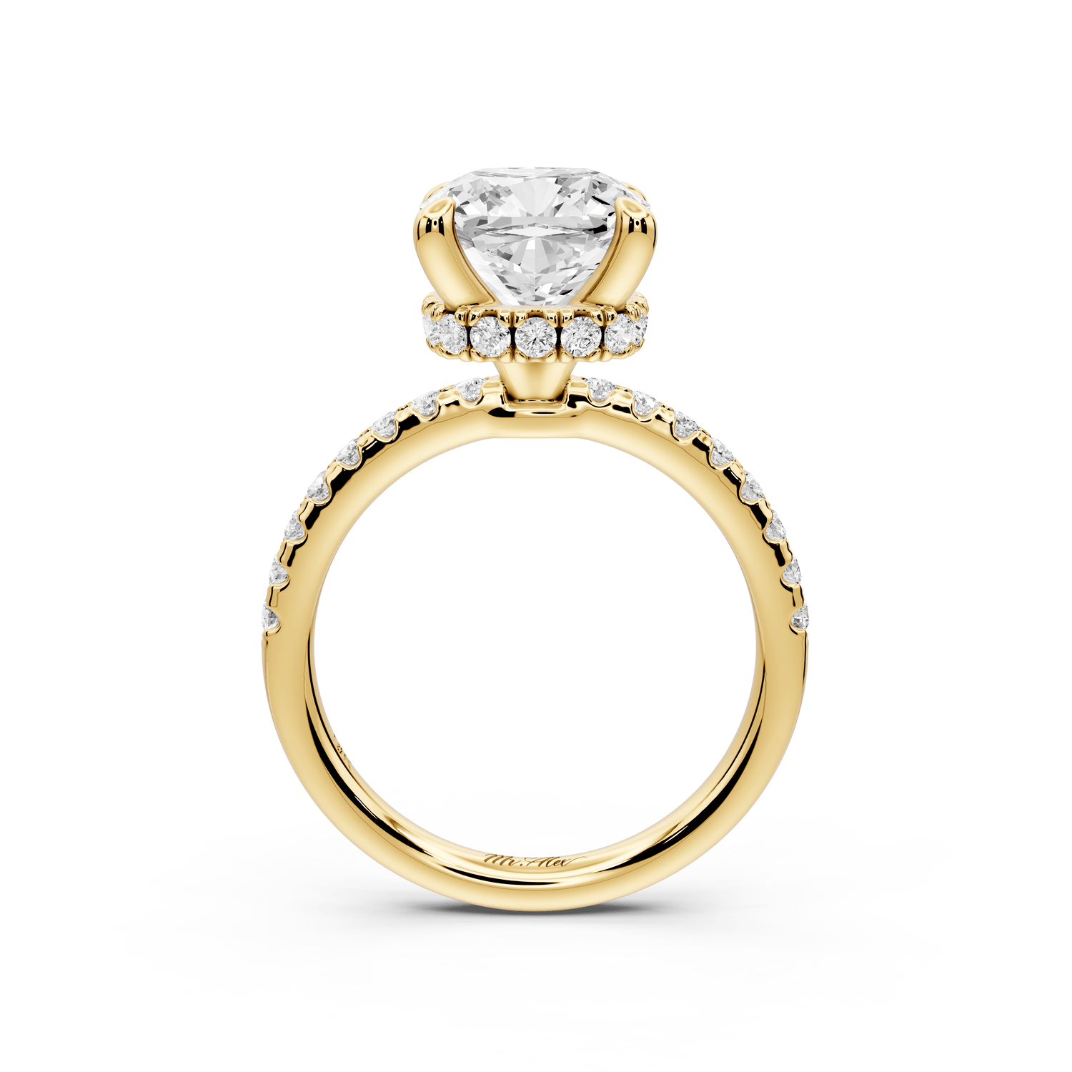 Arina - 3ct 14k yellow gold cushion Diamond with a wrap around halo and pavé engagement ring - Mr. Alex Jewelry