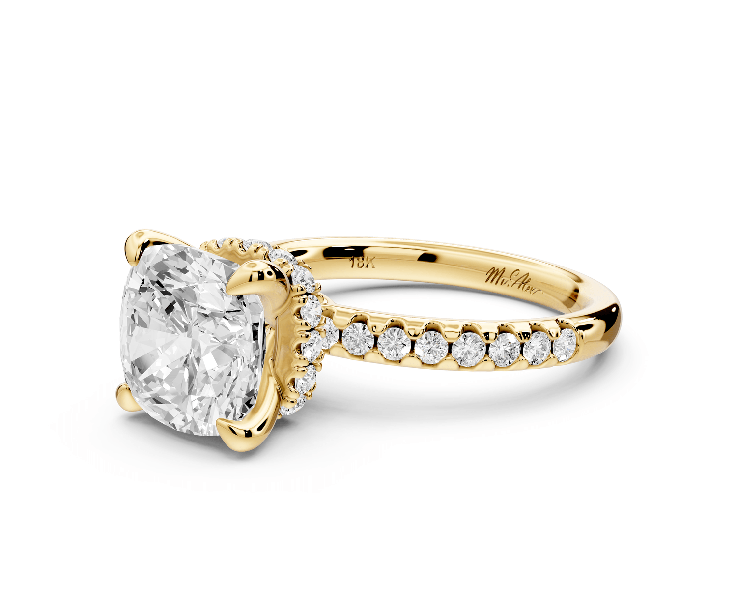 Arina - 3ct 14k yellow gold cushion Diamond with a wrap around halo and pavé engagement ring - Mr. Alex Jewelry