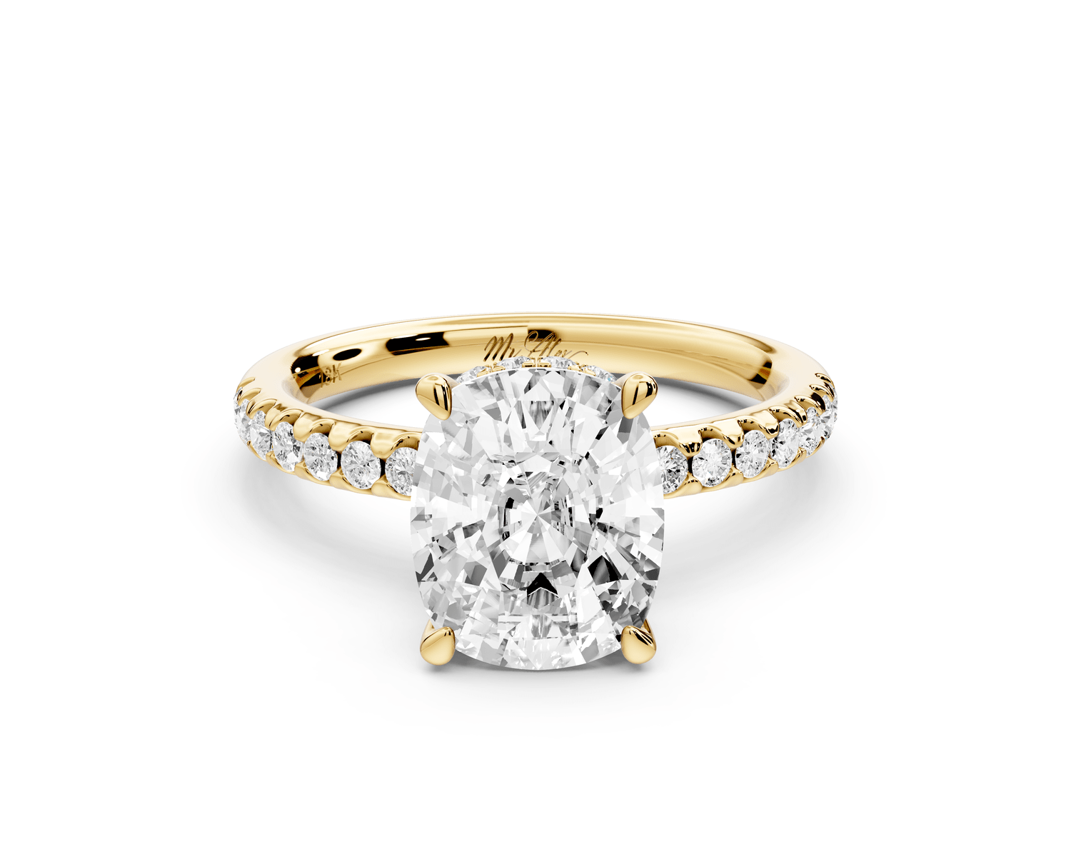 Arina - 3ct 14k yellow gold ecushion Diamond with a wrap around halo and pavé engagement ring - Mr. Alex Jewelry