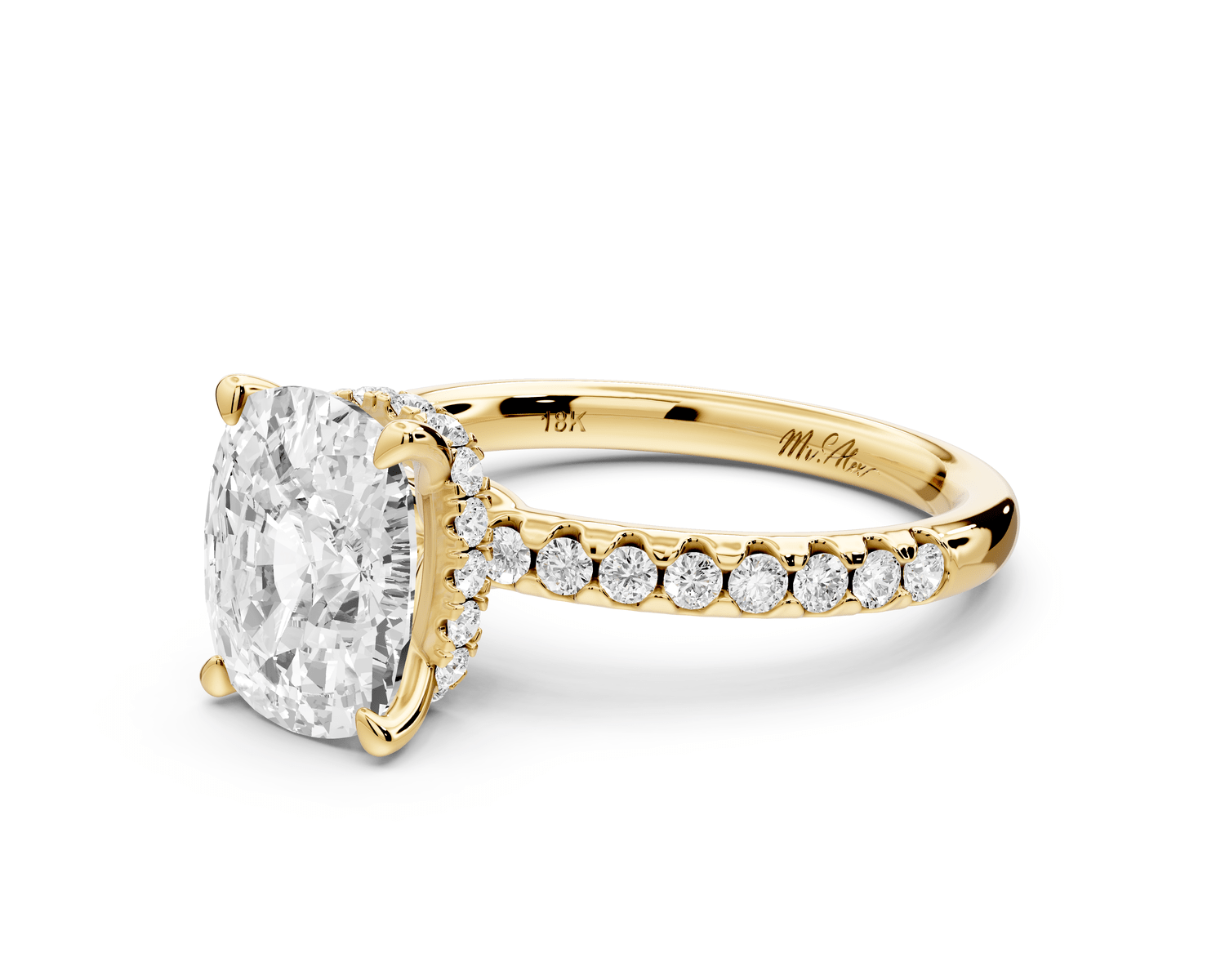 Arina - 3ct 14k yellow gold ecushion Diamond with a wrap around halo and pavé engagement ring - Mr. Alex Jewelry