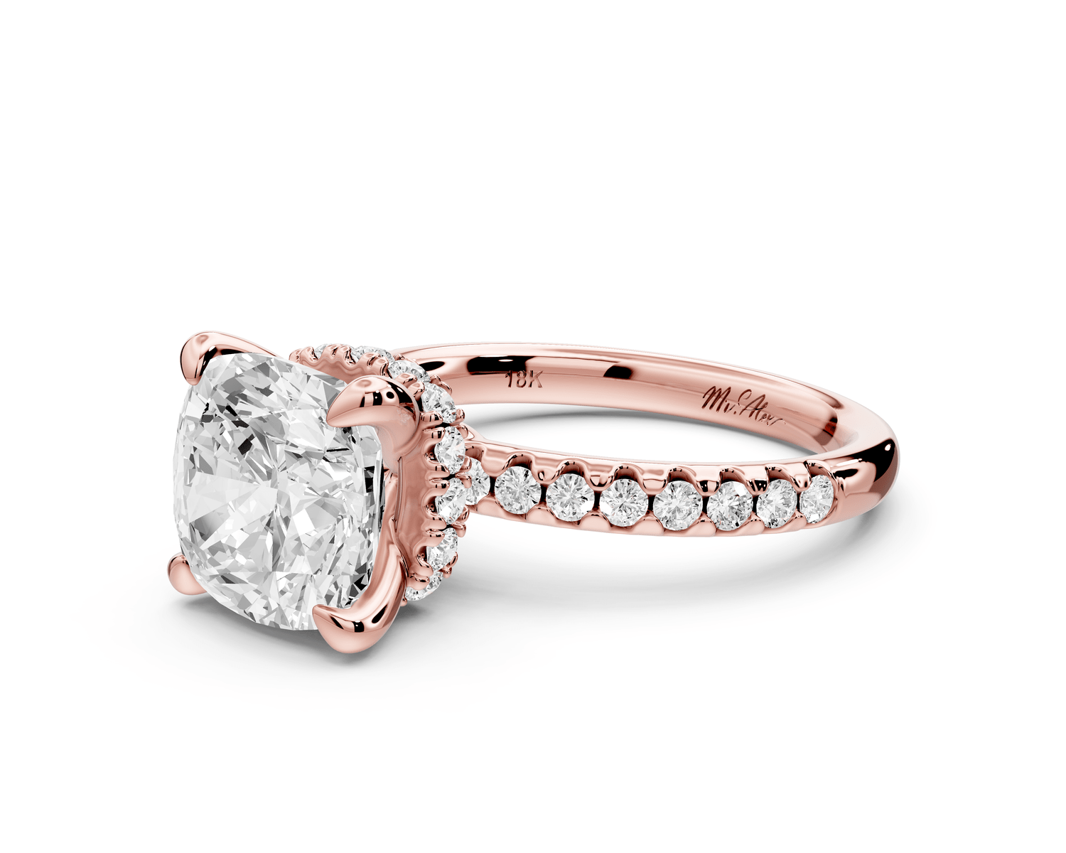 Arina - 3ct 18k rose gold cushion Diamond with a wrap around halo and pavé engagement ring - Mr. Alex Jewelry