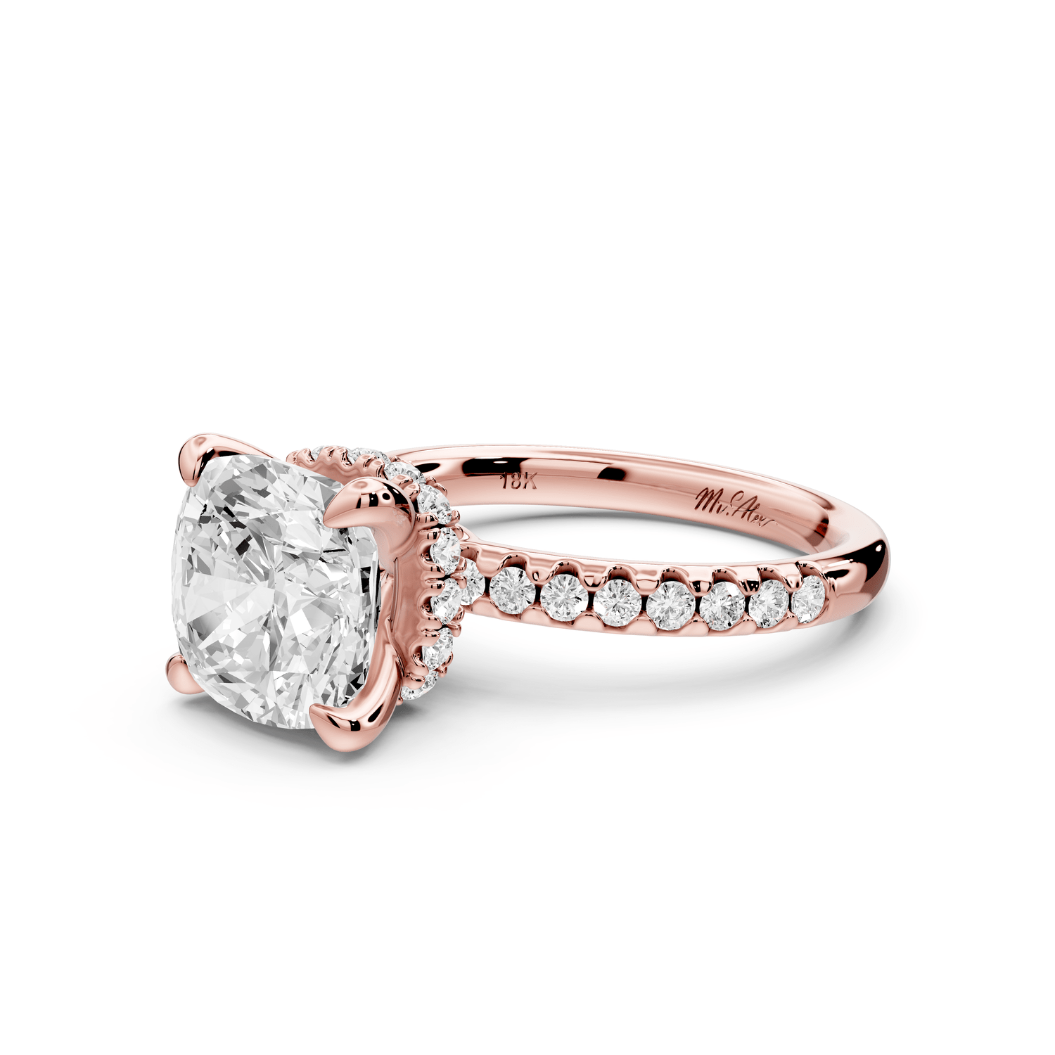 Arina - 3ct 18k rose gold cushion Diamond with a wrap around halo and pavé engagement ring - Mr. Alex Jewelry