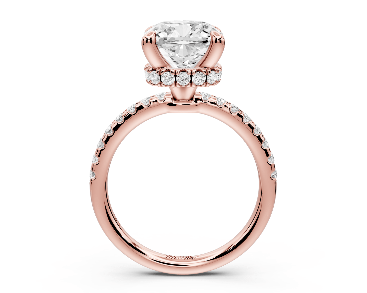 Arina - 3ct 18k rose gold cushion Diamond with a wrap around halo and pavé engagement ring - Mr. Alex Jewelry