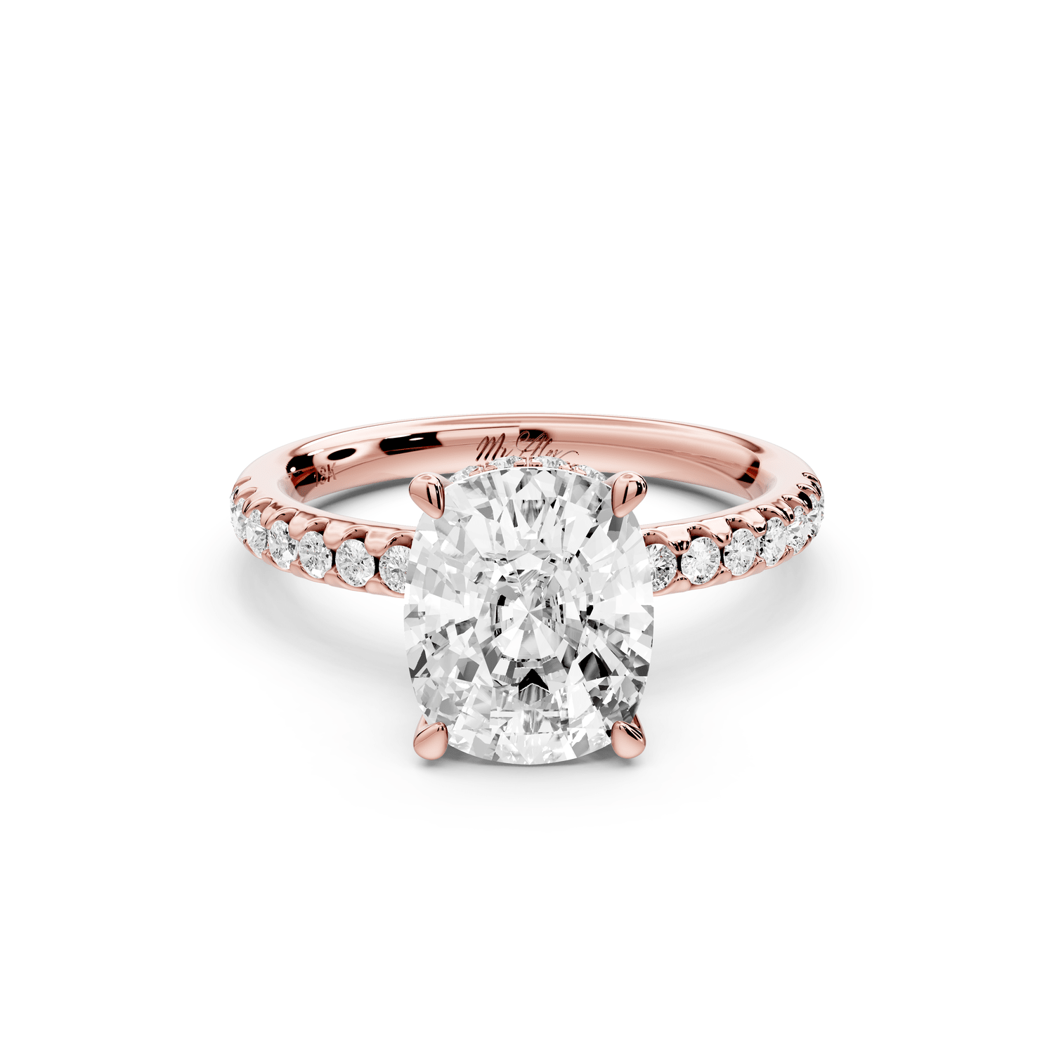 Arina - 3ct 18k rose gold ecushion Diamond with a wrap around halo and pavé engagement ring - Mr. Alex Jewelry