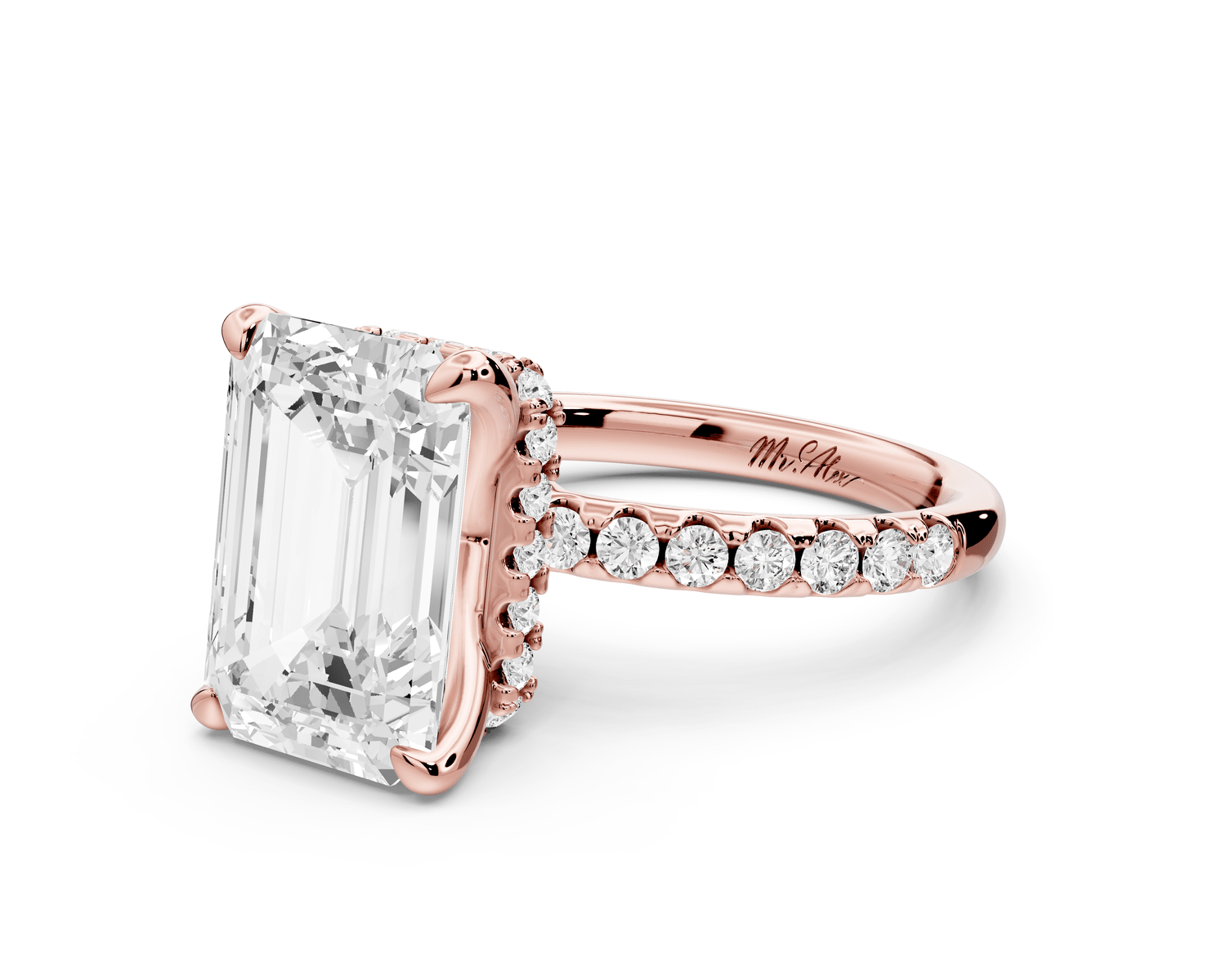 Arina - 3ct 18k rose gold emerald Diamond with a wrap around halo and pavé Engagement ring - Mr. Alex Jewelry