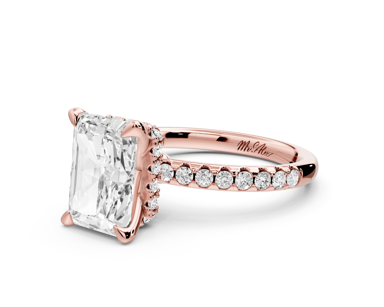 Arina - 3ct 18k rose gold radiant Diamond with a wrap around halo and pavé engagement ring - Mr. Alex Jewelry