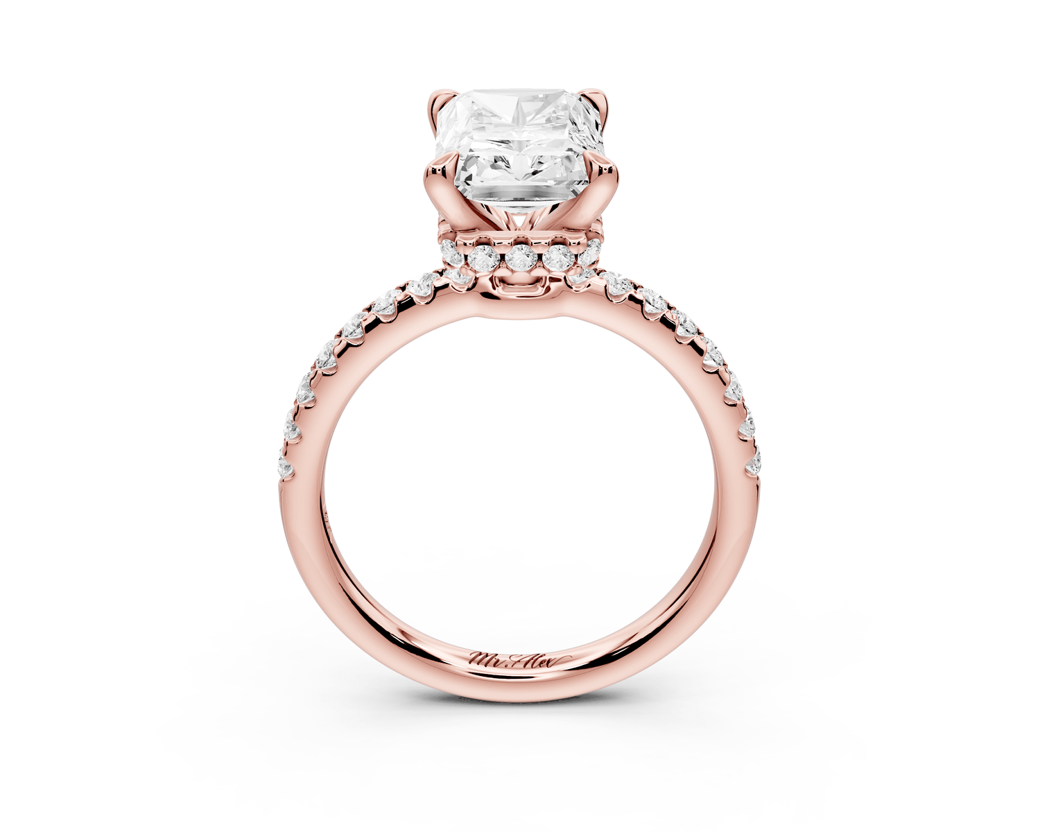 Arina - 3ct 18k rose gold radiant Diamond with a wrap around halo and pavé engagement ring - Mr. Alex Jewelry