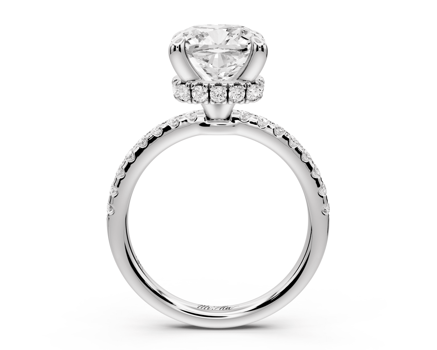 Arina - 3ct 18k white gold cushion Diamond with a wrap around halo and pavé engagement ring - Mr. Alex Jewelry