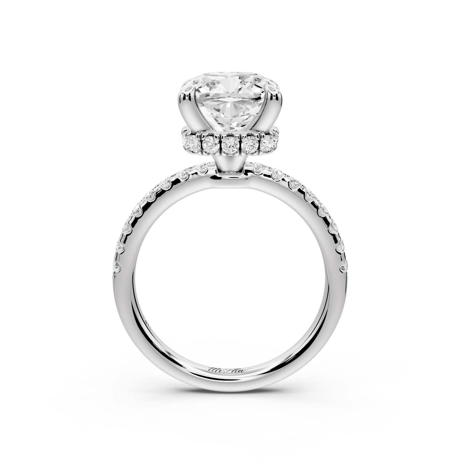 Arina - 3ct 18k white gold cushion Diamond with a wrap around halo and pavé engagement ring - Mr. Alex Jewelry