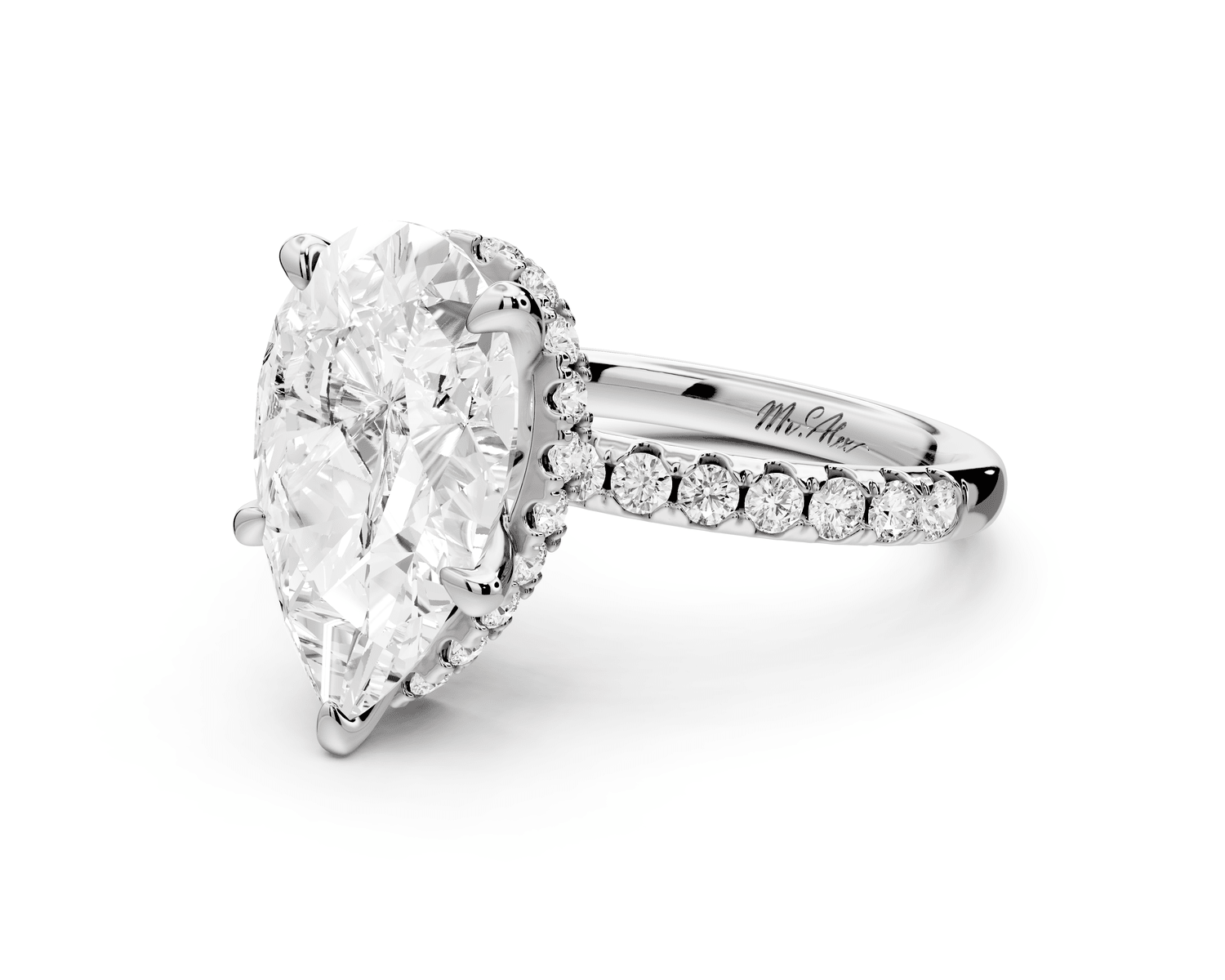 Arina - 3ct 18k white gold pear Diamond with a wrap around halo and pavé Engagement ring - Mr. Alex Jewelry