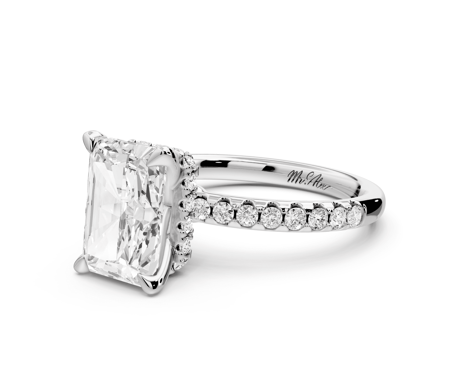 Arina - 3ct 18k white gold radiant Diamond with a wrap around halo and pavé engagement ring - Mr. Alex Jewelry