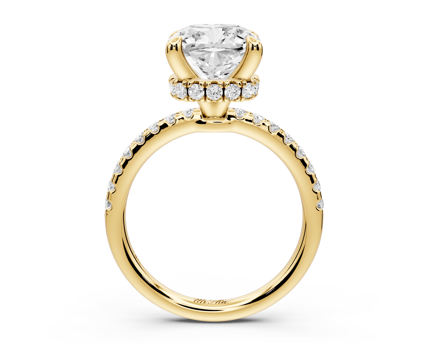 Arina - 3ct 18k yellow gold cushion Diamond with a wrap around halo and pavé engagement ring - Mr. Alex Jewelry