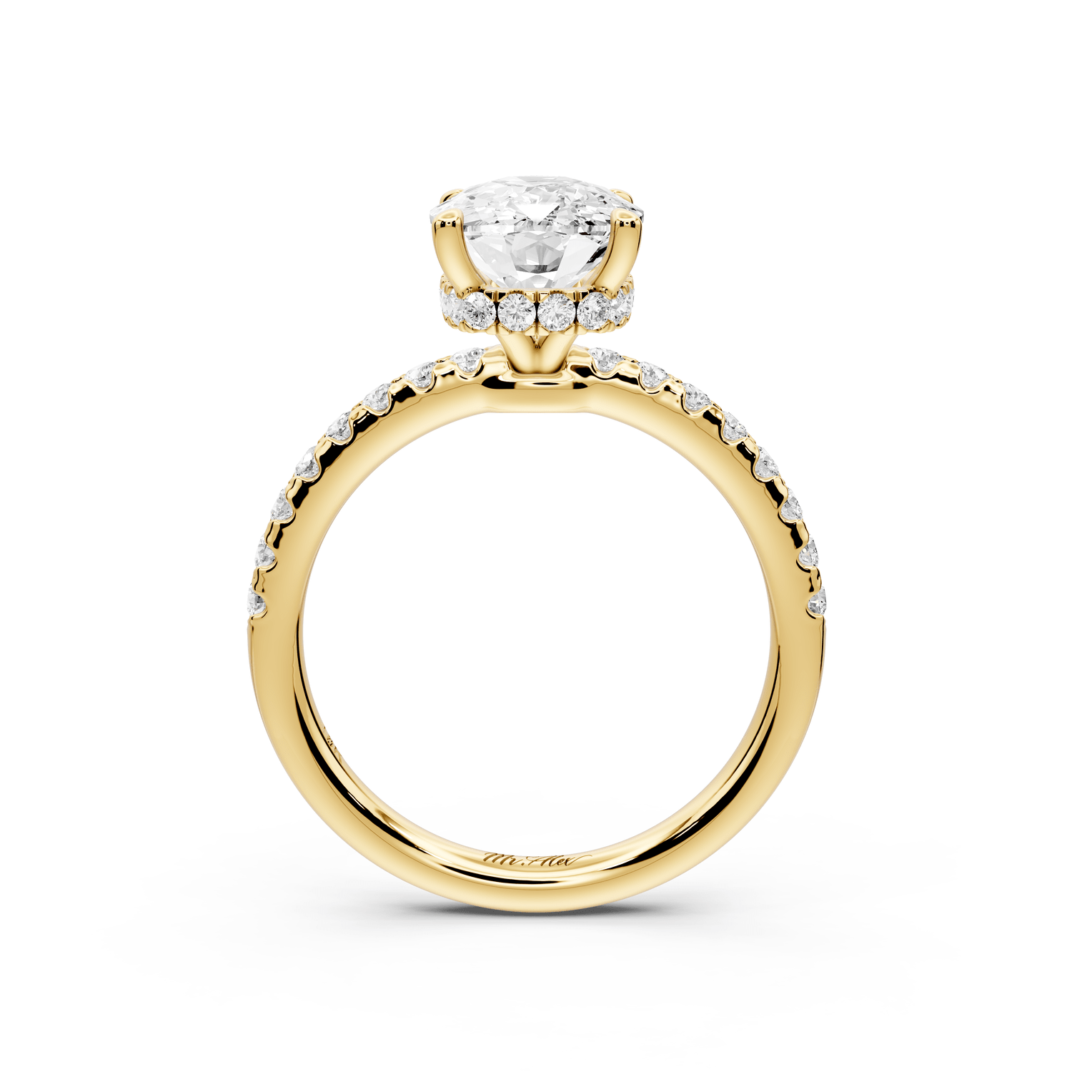 Arina - 3ct 18k yellow gold ecushion Diamond with a wrap around halo and pavé engagement ring - Mr. Alex Jewelry