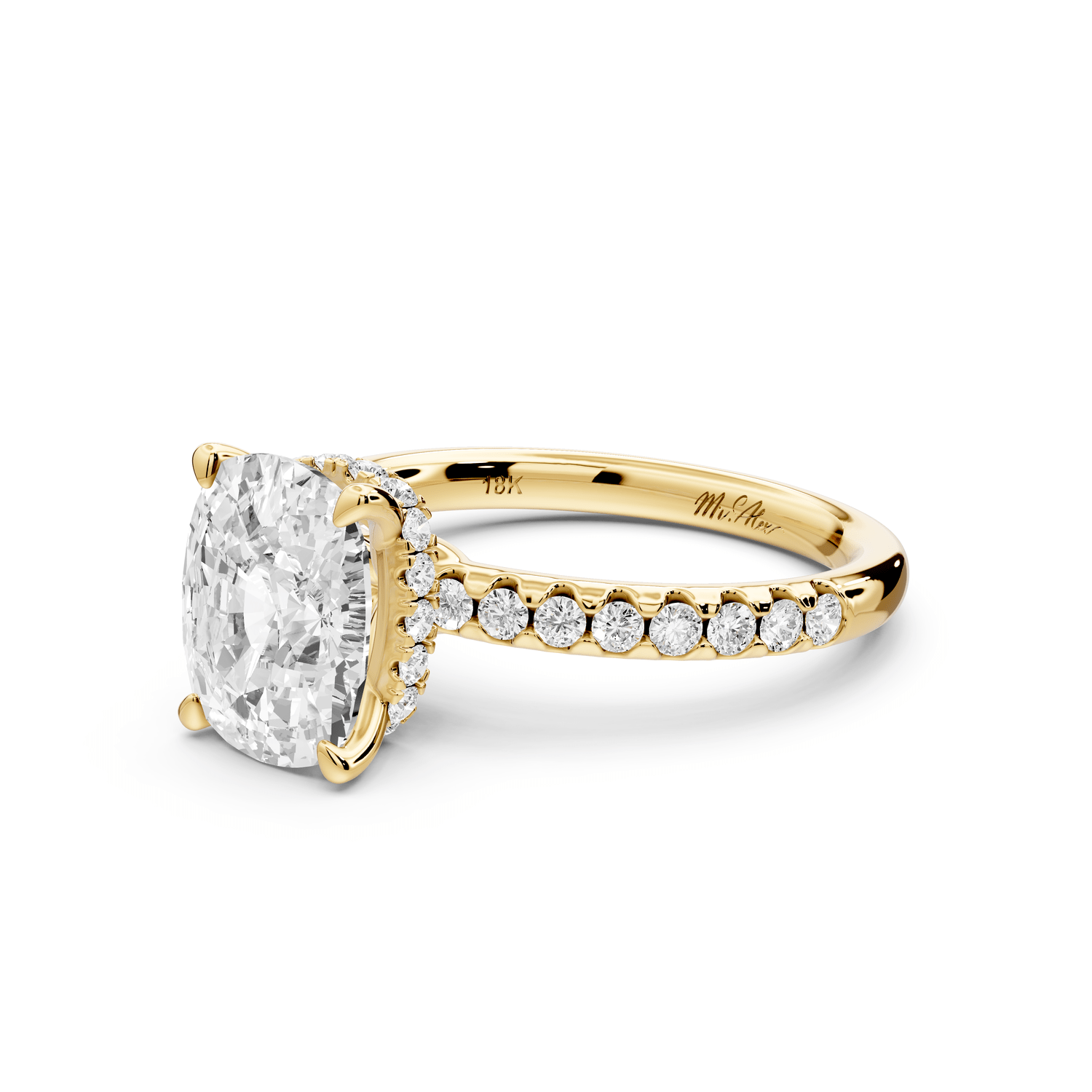 Arina - 3ct 18k yellow gold ecushion Diamond with a wrap around halo and pavé engagement ring - Mr. Alex Jewelry