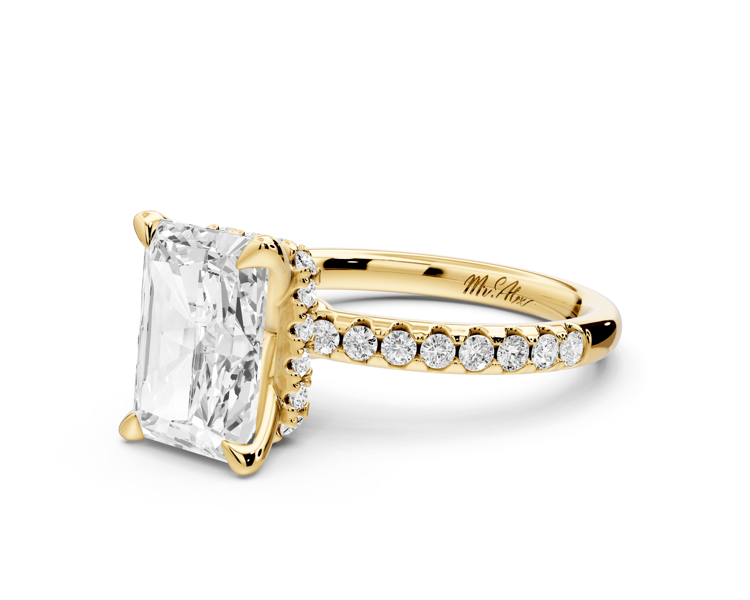 Arina - 3ct 18k yellow gold radiant Diamond with a wrap around halo and pavé engagement ring - Mr. Alex Jewelry